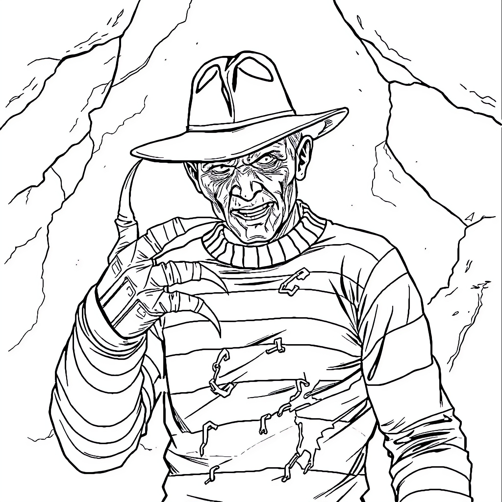 Freddy Krueger in a Menacing Pose Coloring Page (free black-and-white line drawing printable PDF for all, from beginners to advanced learners, including children, teens, adults, and seniors)