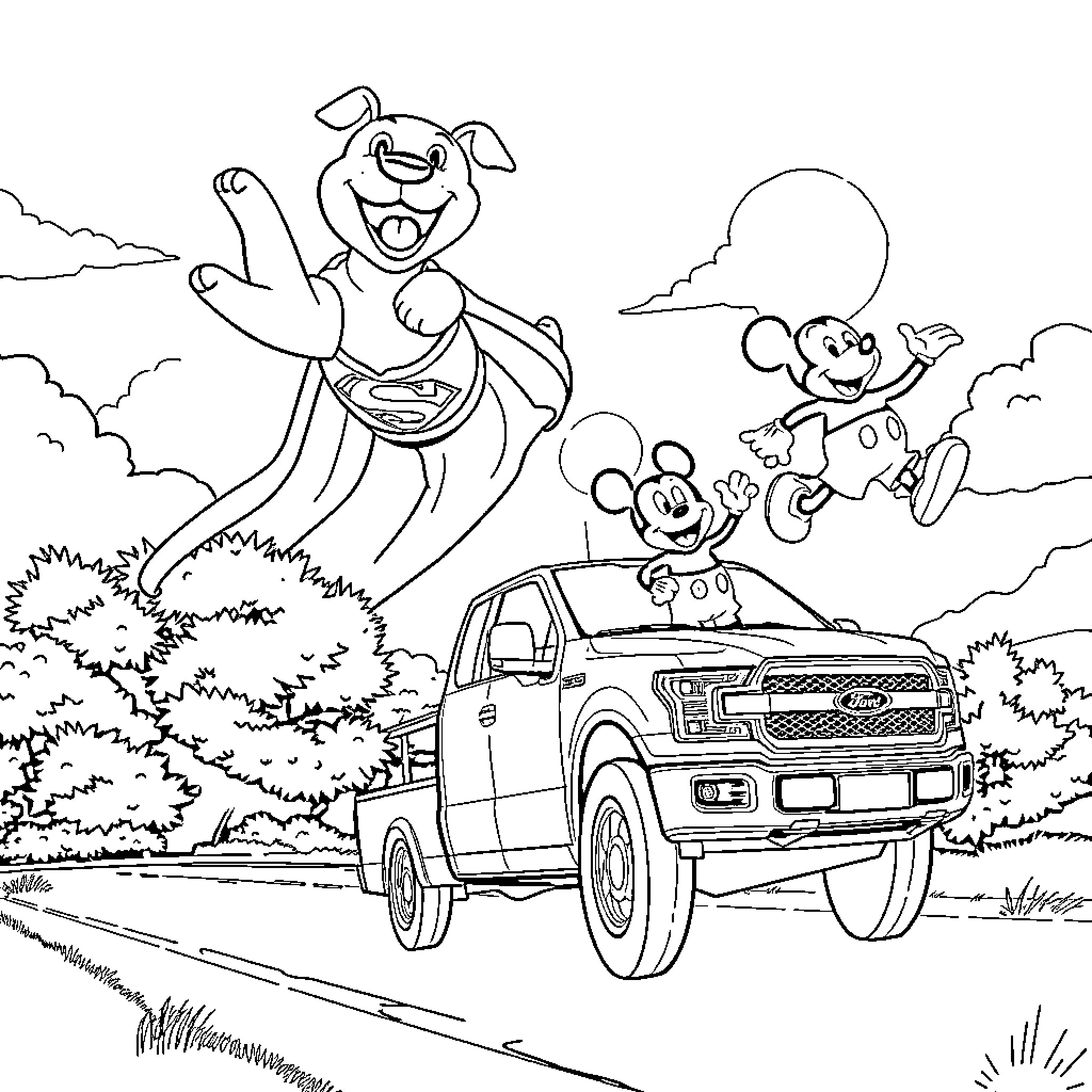 Dog friends enjoying truck ride through scenic countryside Coloring Page (free black-and-white line drawing printable PDF for all, from beginners to advanced learners, including children, teens, adults, and seniors)