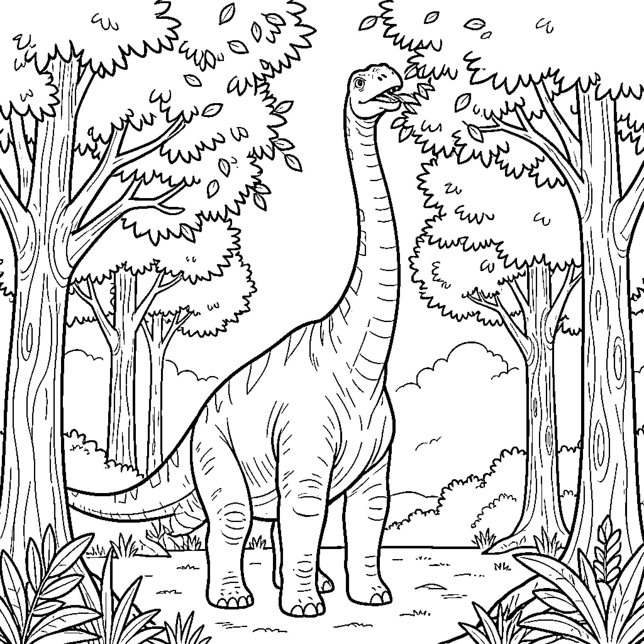 Brachiosaurus exploring the lush forest Coloring Page (free black-and-white line drawing printable PDF for all, from beginners to advanced learners, including children, teens, adults, and seniors)