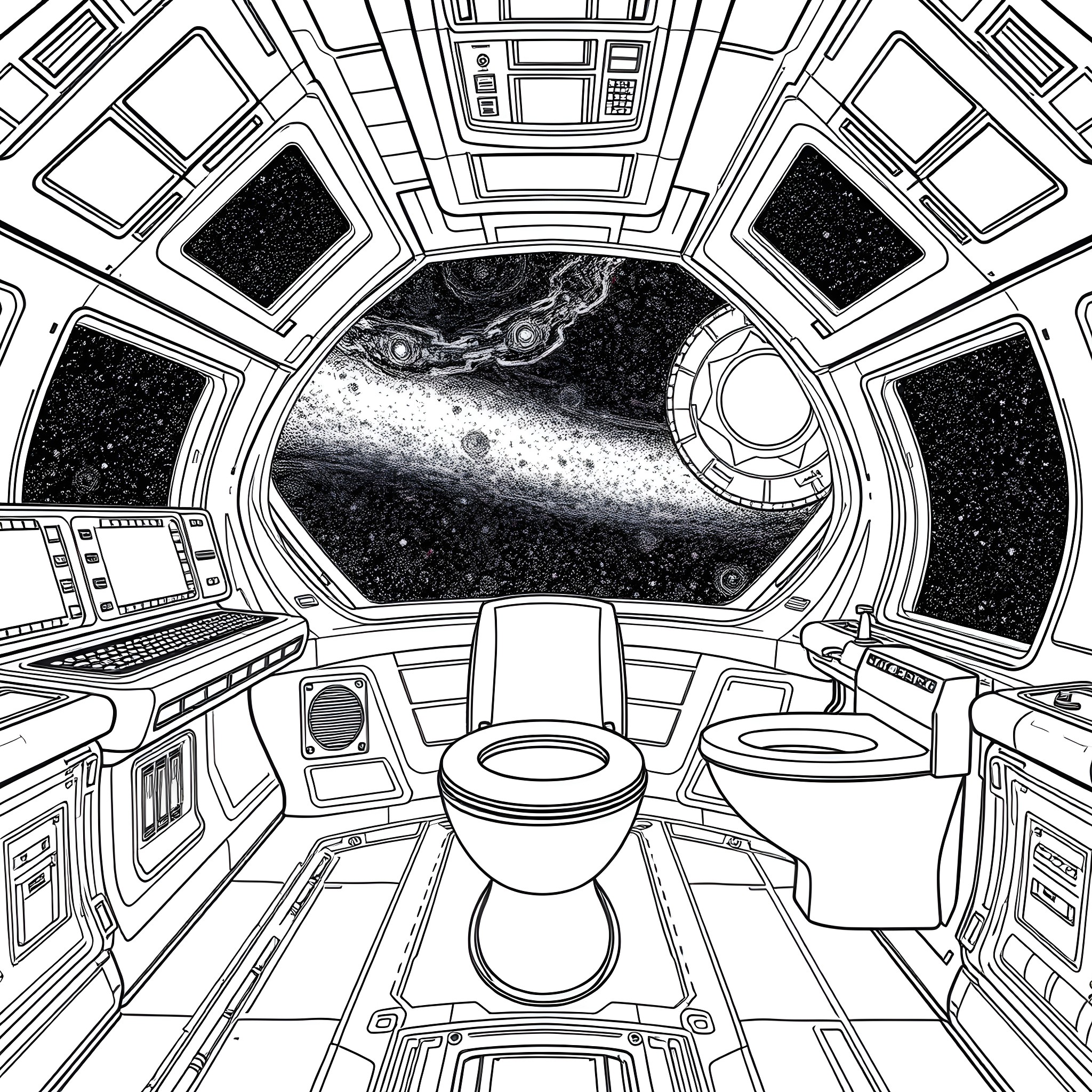 Toilet in Futuristic Space Station Interior Coloring Page (free black-and-white line drawing printable PDF for all, from beginners to advanced learners, including children, teens, adults, and seniors)
