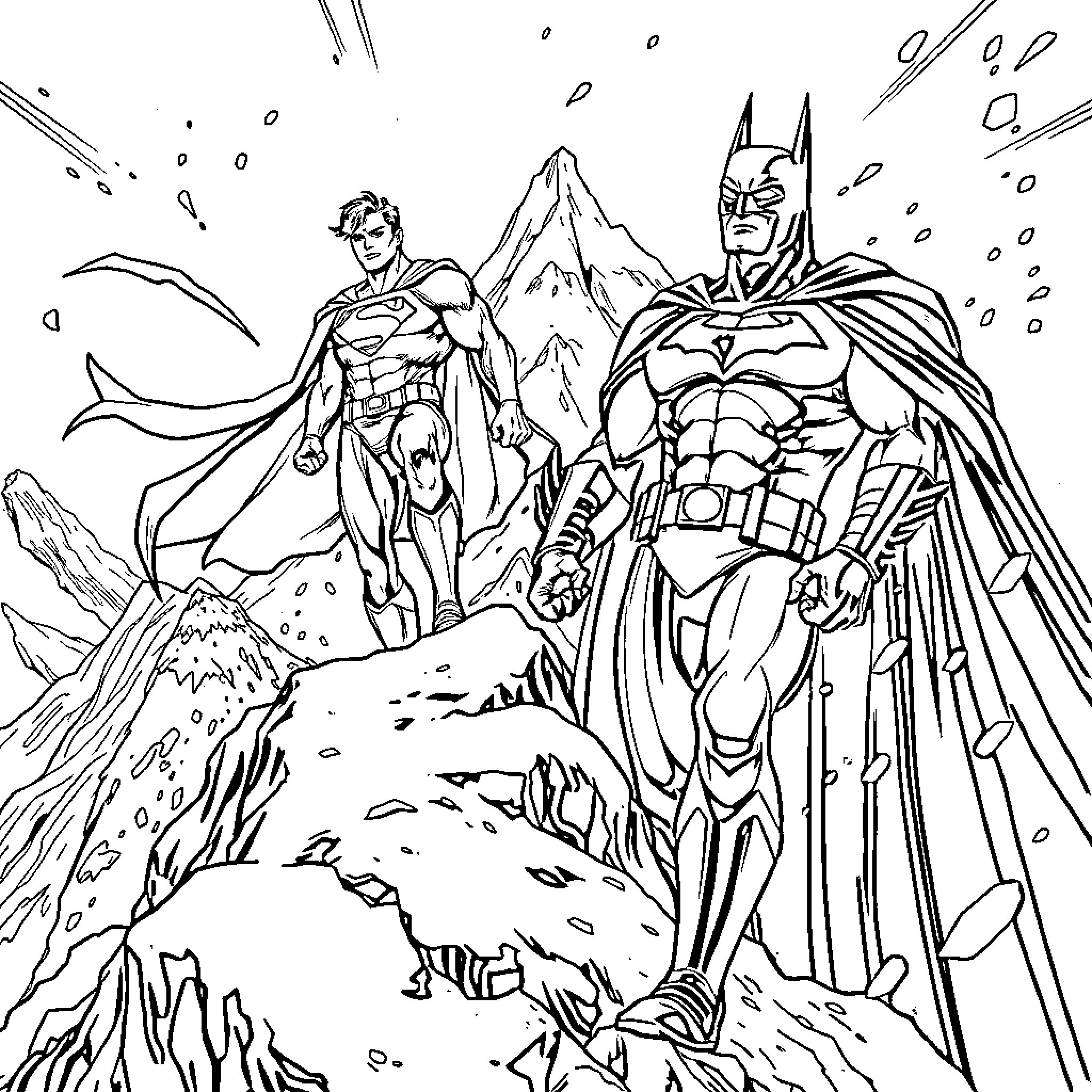 Superman and Batman in heroic poses against mountainous backdrop Coloring Page (free black-and-white line drawing printable PDF for all, from beginners to advanced learners, including children, teens, adults, and seniors)
