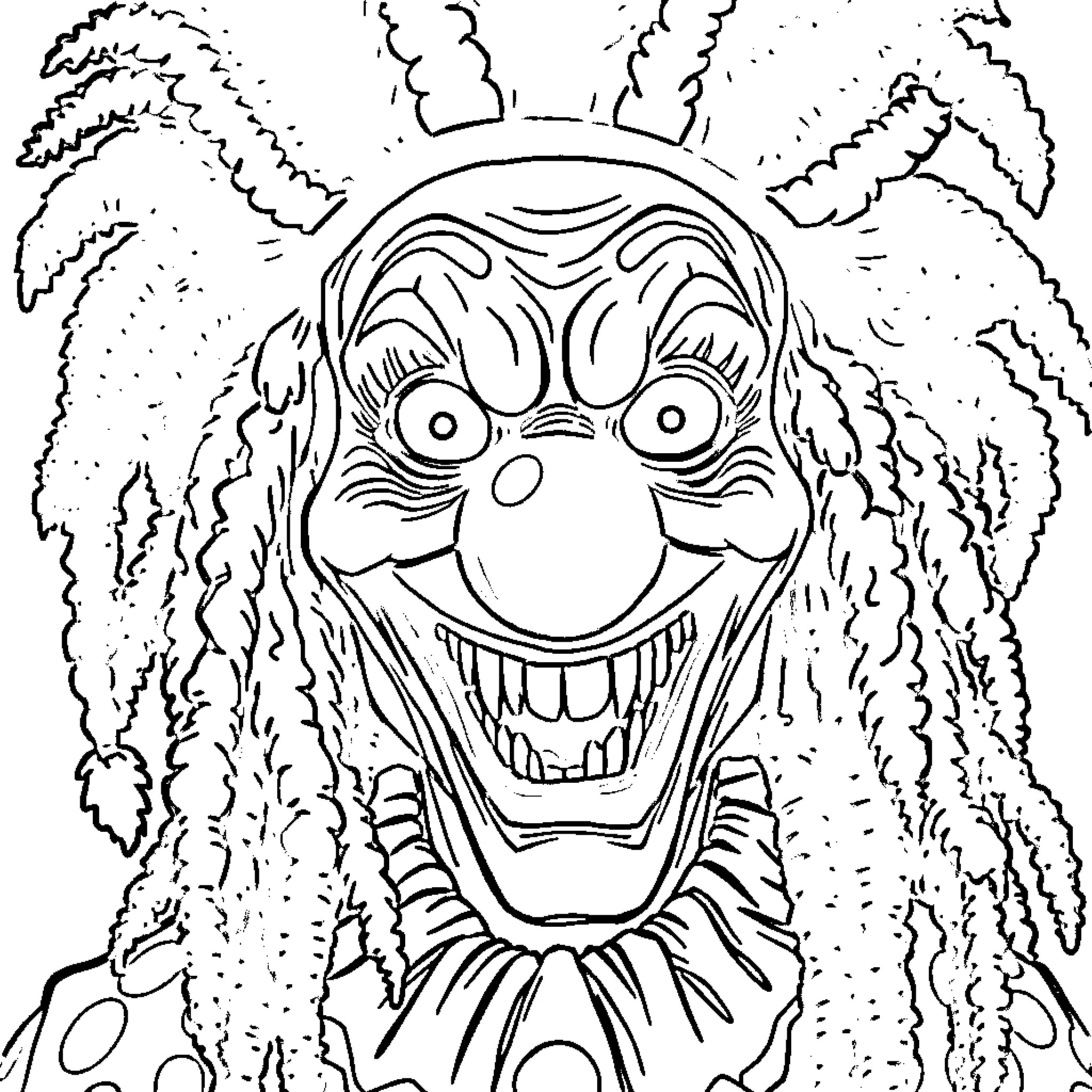 Clown with eccentric expression and wild hairstyle Coloring Page (free black-and-white line drawing printable PDF for all, from beginners to advanced learners, including children, teens, adults, and seniors)