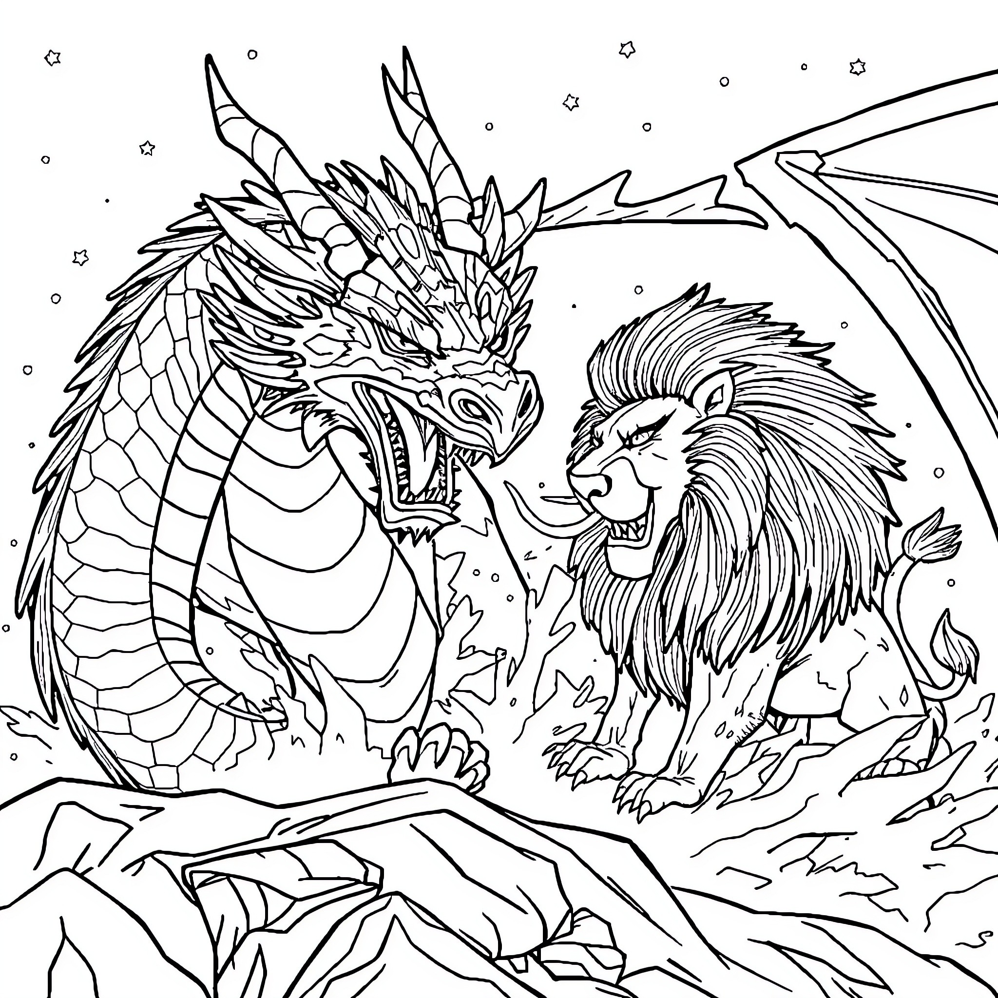 Dragon and lion facing off in magical realm Coloring Page (free black-and-white line drawing printable PDF for all, from beginners to advanced learners, including children, teens, adults, and seniors)