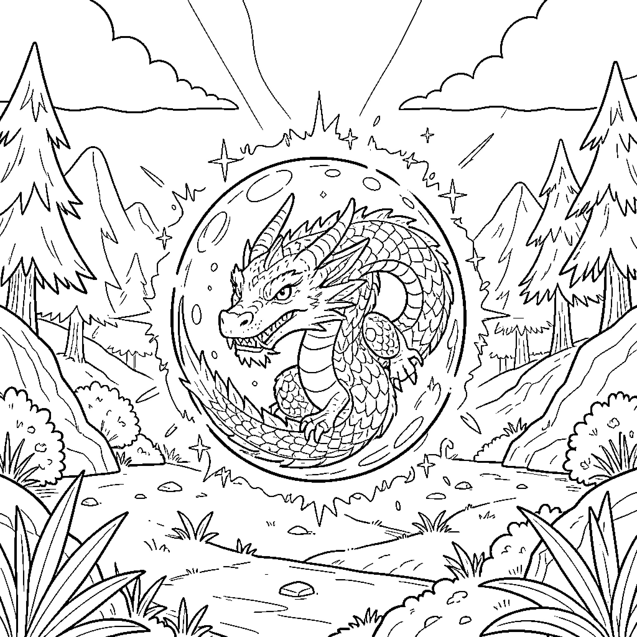 Dragon Ball mythical dragon appearing within a magical sphere Coloring Page (free black-and-white line drawing printable PDF for all, from beginners to advanced learners, including children, teens, adults, and seniors)