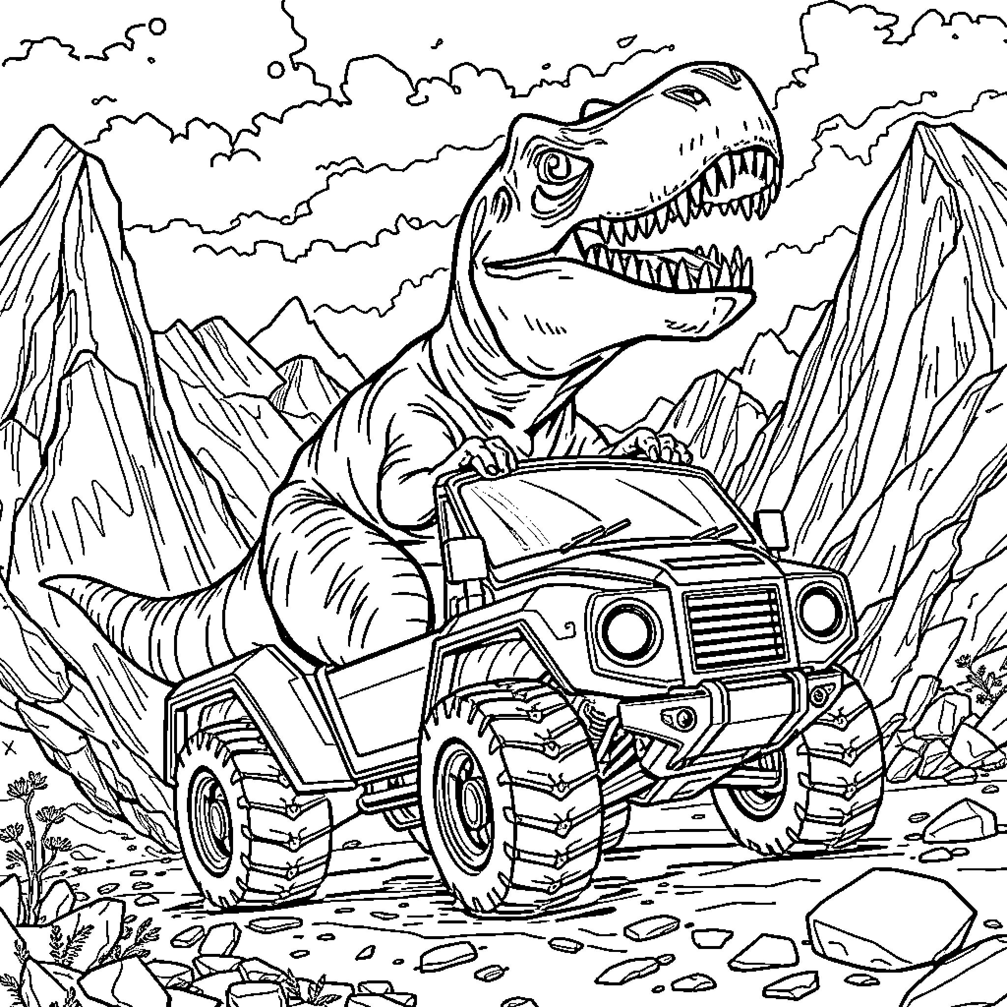 T-Rex driving a monster truck through a rugged landscape Coloring Page (free black-and-white line drawing printable PDF for all, from beginners to advanced learners, including children, teens, adults, and seniors)