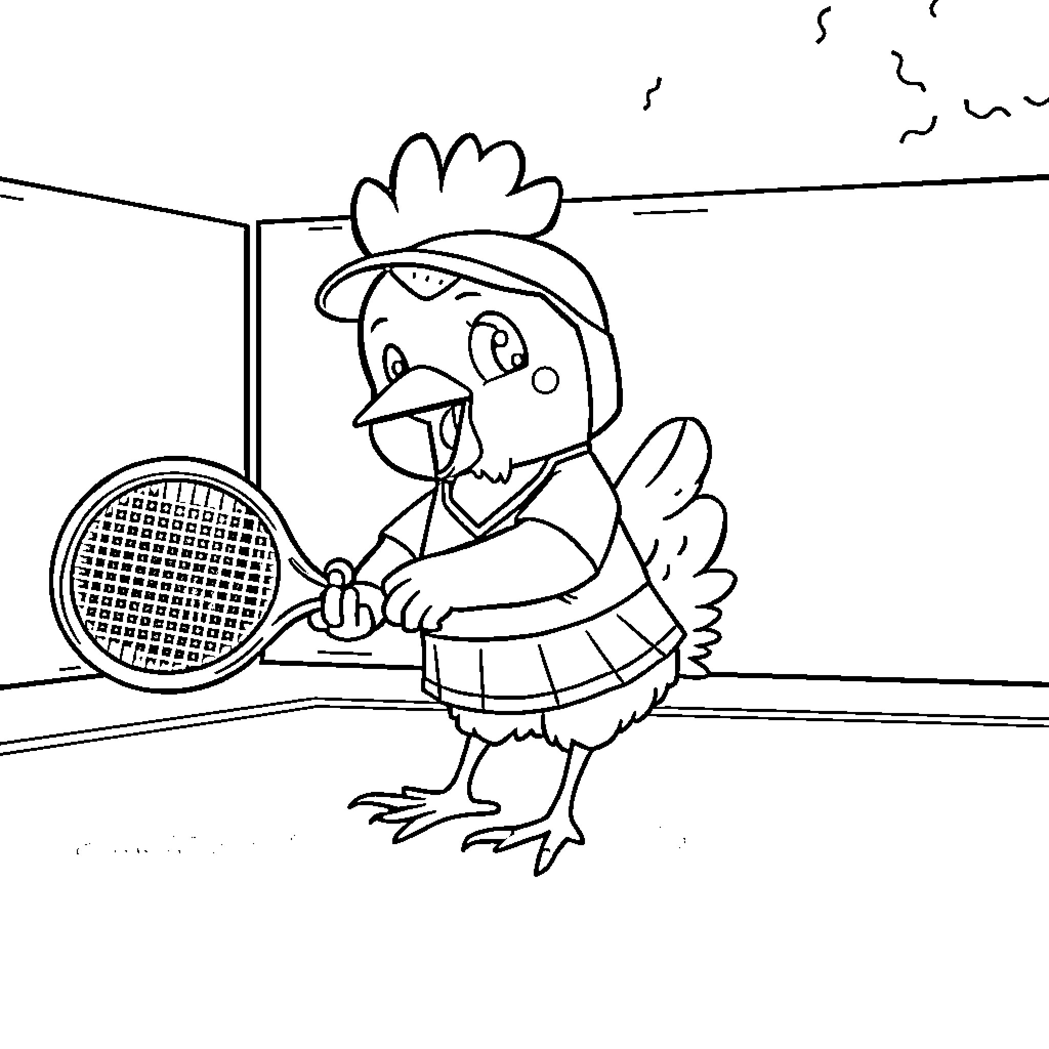 Chicken playing tennis with a racket Coloring Page (free black-and-white line drawing printable PDF for all, from beginners to advanced learners, including children, teens, adults, and seniors)