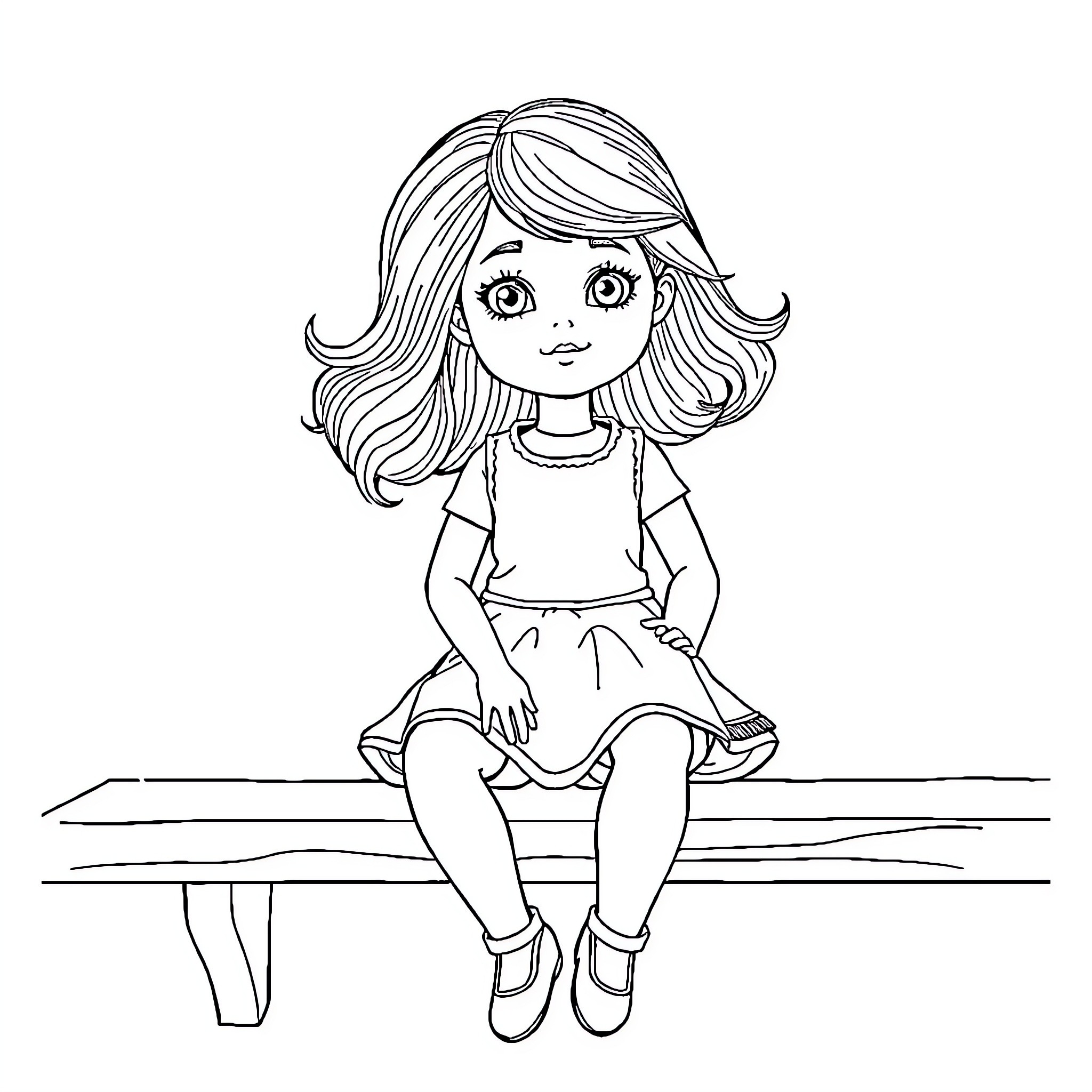 Doll sitting alone on a bench Coloring Page (free black-and-white line drawing printable PDF for all, from beginners to advanced learners, including children, teens, adults, and seniors)
