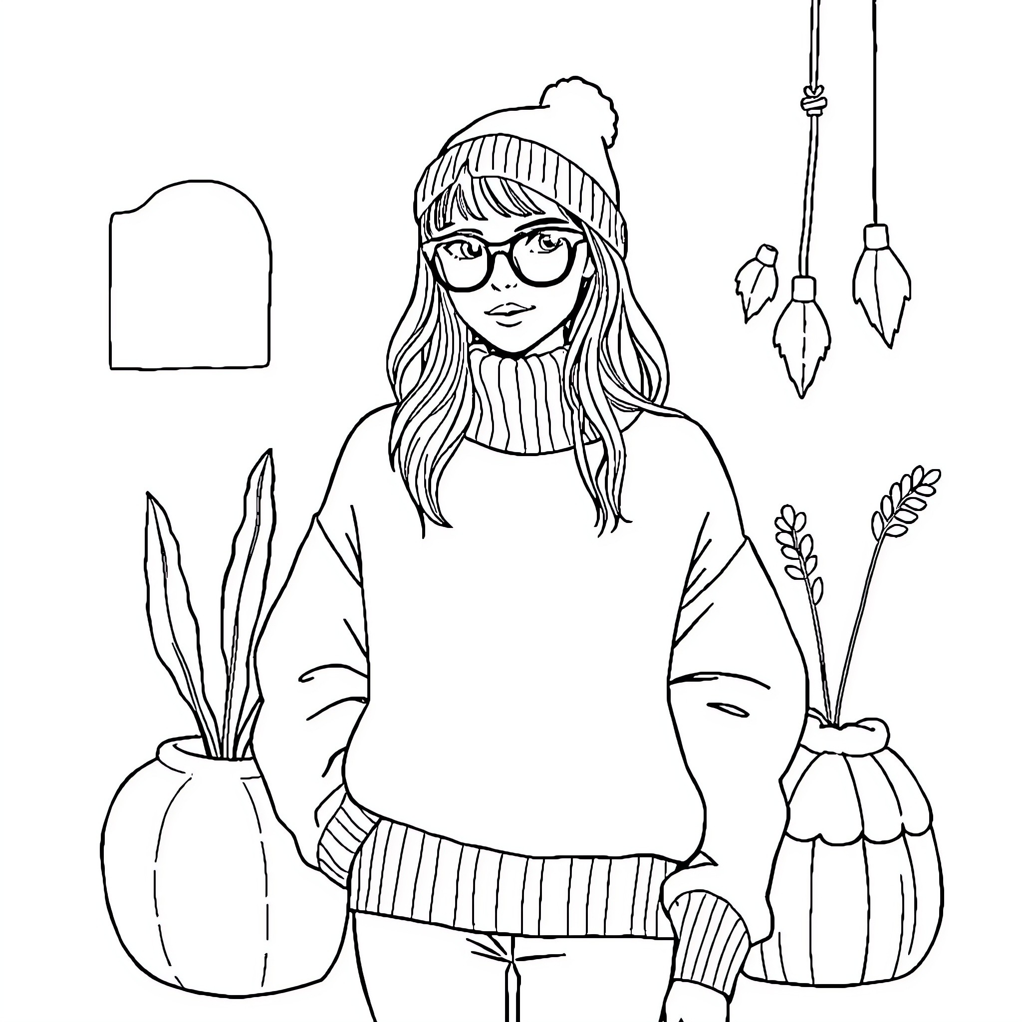 Fashion illustration of a casual winter outfit Coloring Page (free black-and-white line drawing printable PDF for all, from beginners to advanced learners, including children, teens, adults, and seniors)