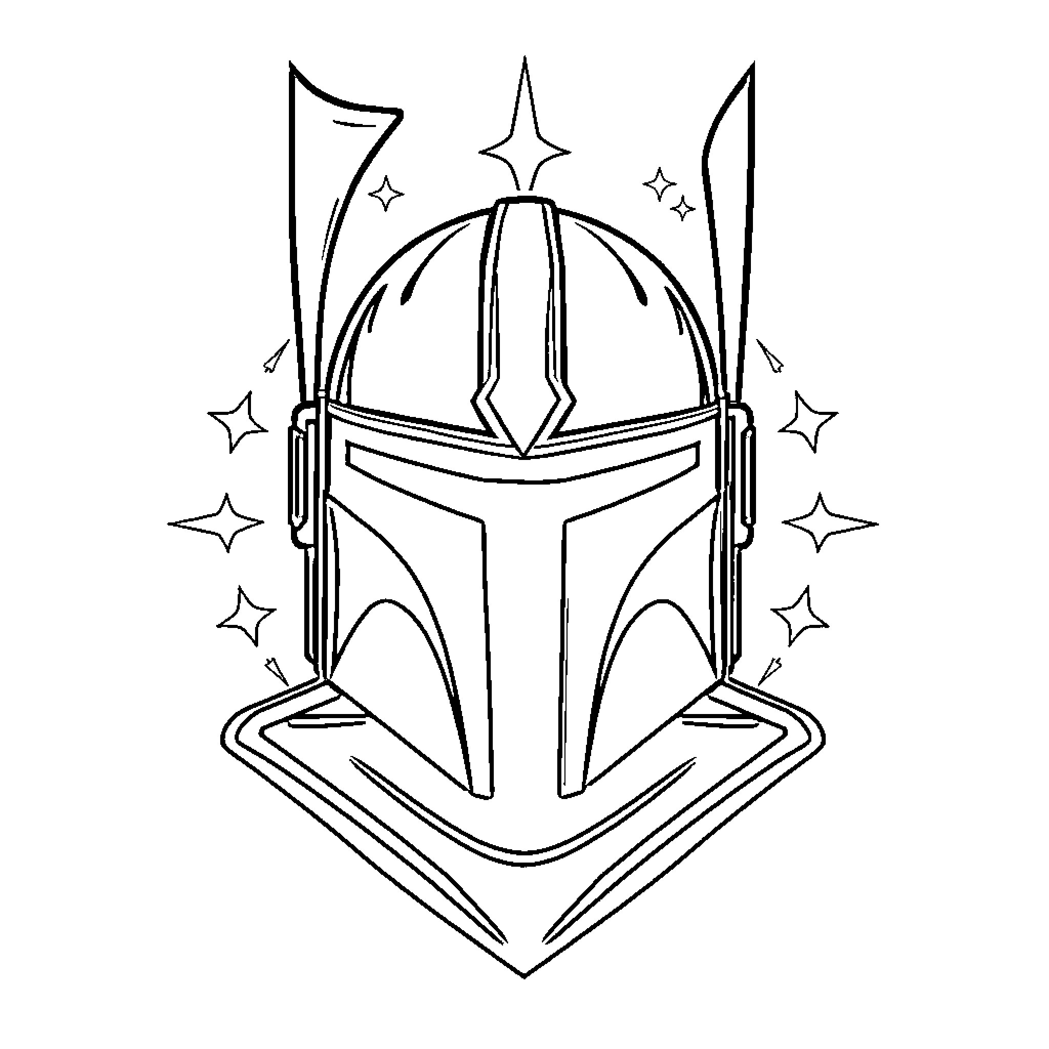Mandalorian warrior's helmet with sparkling stars Coloring Page (free black-and-white line drawing printable PDF for all, from beginners to advanced learners, including children, teens, adults, and seniors)