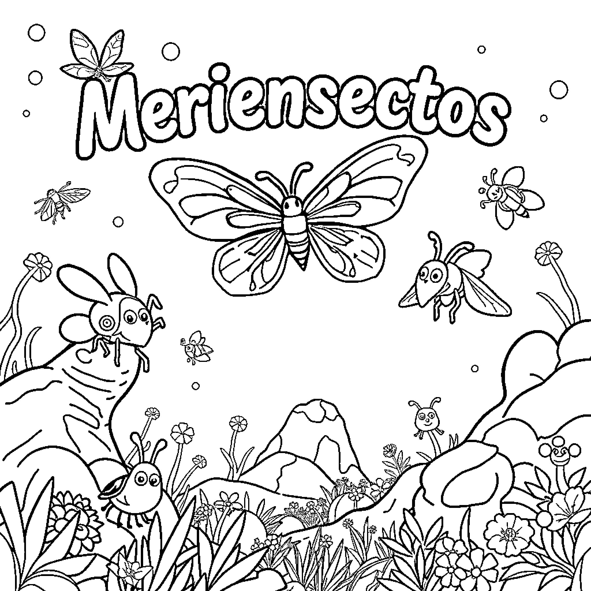 Insect characters in whimsical nature scene Coloring Page (free black-and-white line drawing printable PDF for all, from beginners to advanced learners, including children, teens, adults, and seniors)