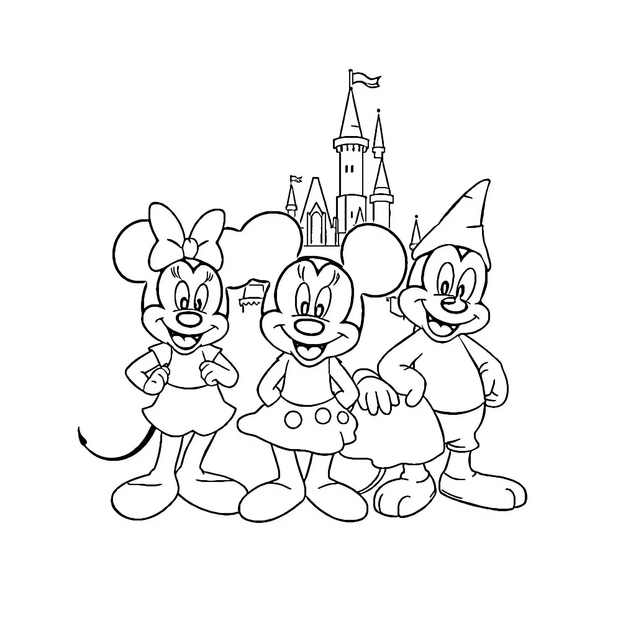 Disney Characters Enjoying Castle Scenery Coloring Page (free black-and-white line drawing printable PDF for all, from beginners to advanced learners, including children, teens, adults, and seniors)