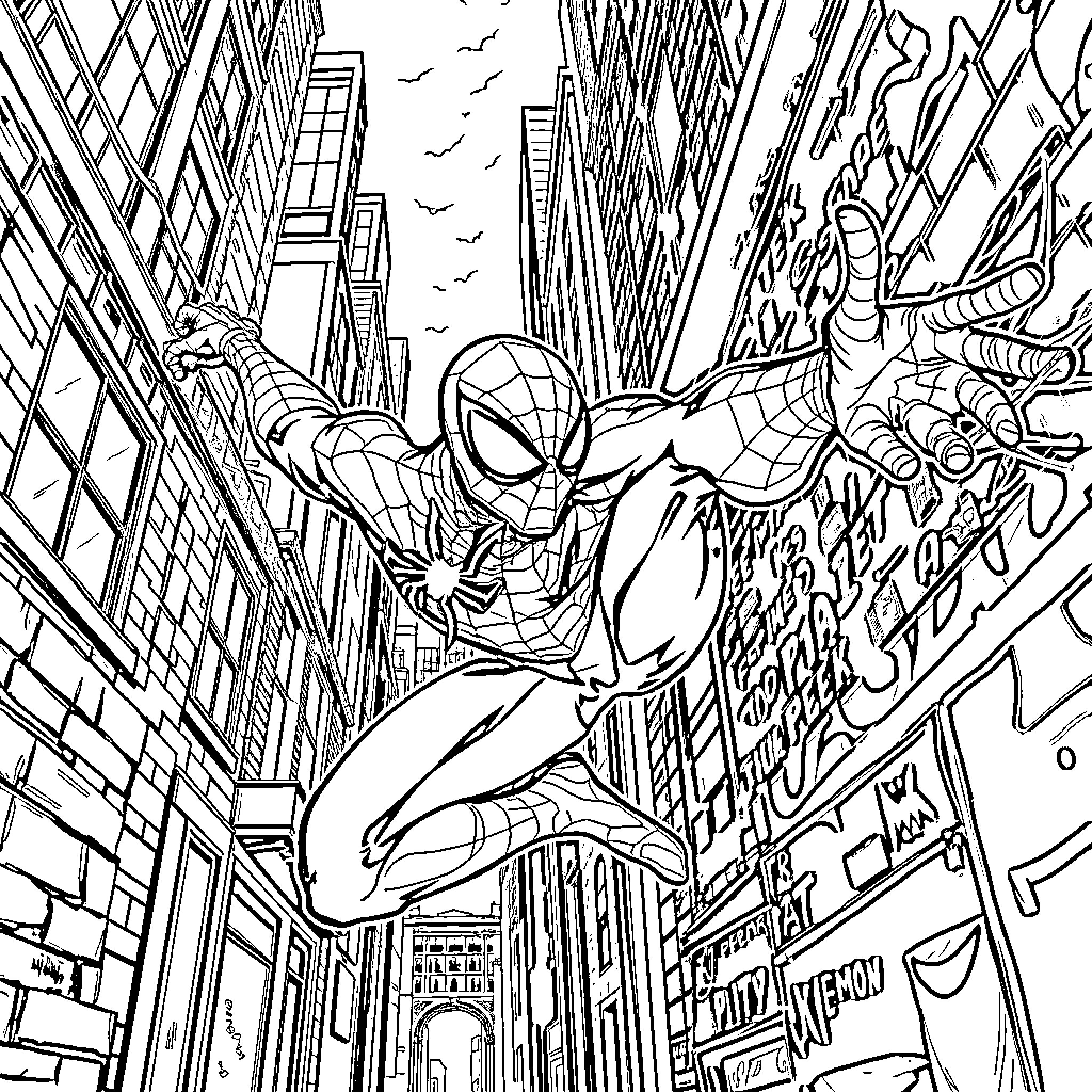 Spider-Man swinging through the city streets Coloring Page (free black-and-white line drawing printable PDF for all, from beginners to advanced learners, including children, teens, adults, and seniors)