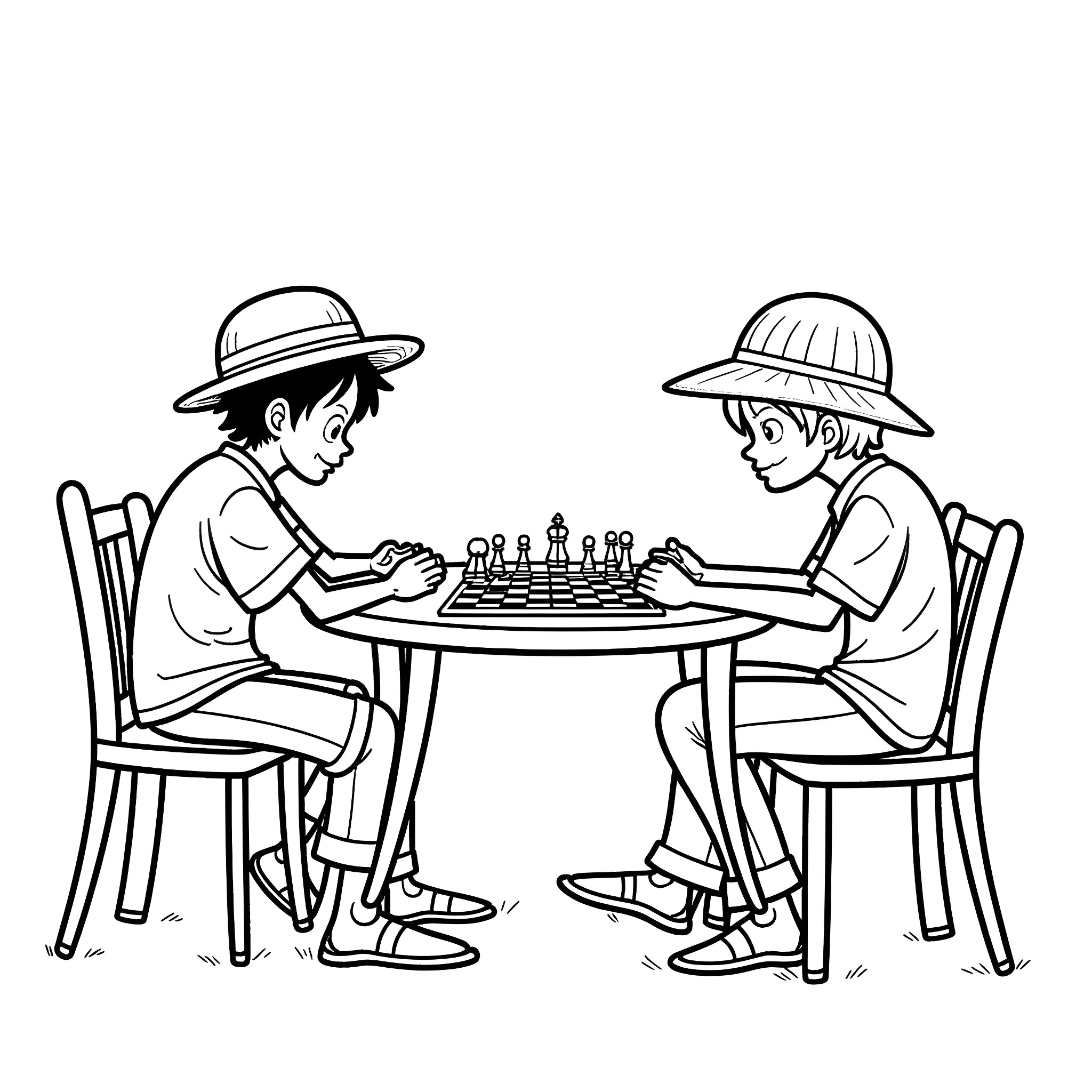 Monkey D Luffy playing chess with a friend Coloring Page (free black-and-white line drawing printable PDF for all, from beginners to advanced learners, including children, teens, adults, and seniors)