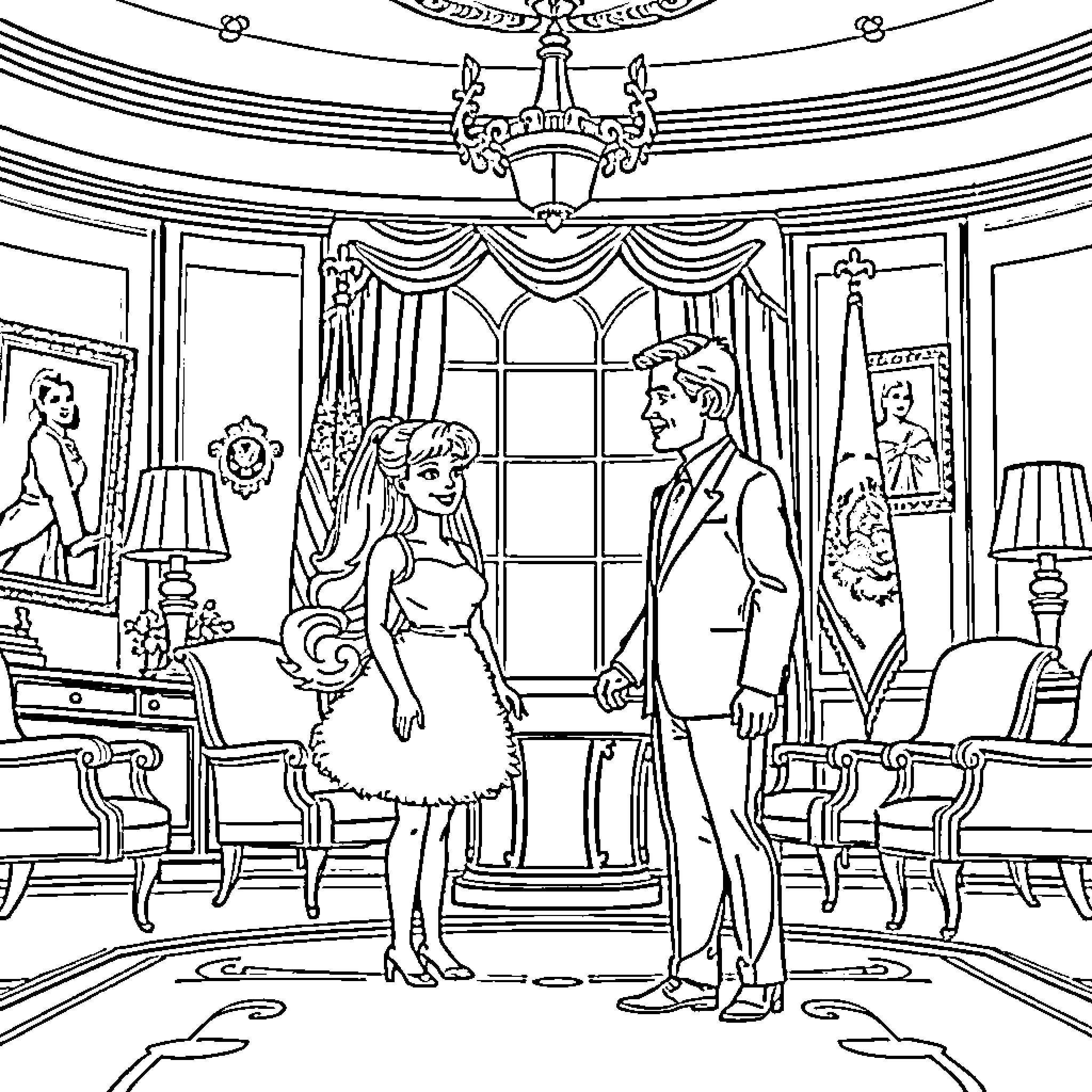 Barbie and Ken enjoying a formal dance in a grand hall Coloring Page (free black-and-white line drawing printable PDF for all, from beginners to advanced learners, including children, teens, adults, and seniors)