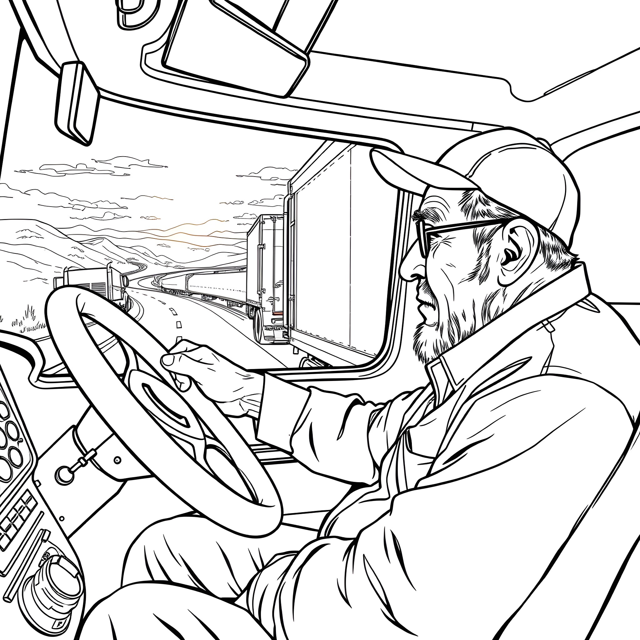Truck driver operating vehicle on the road Coloring Page (free black-and-white line drawing printable PDF for all, from beginners to advanced learners, including children, teens, adults, and seniors)