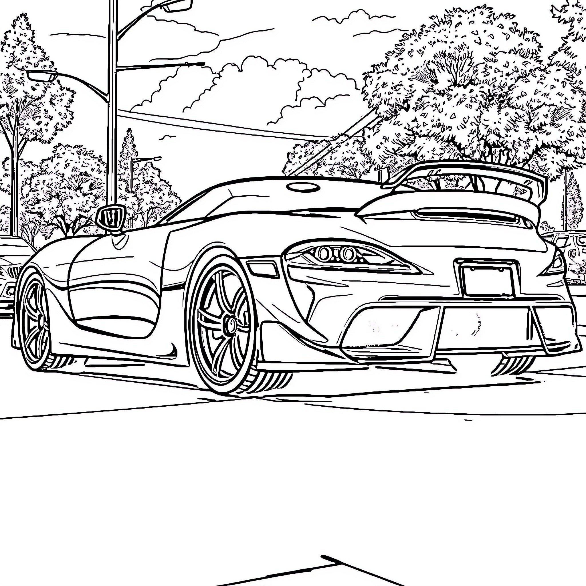 Supra sports car racing through scenic landscape Coloring Page (free black-and-white line drawing printable PDF for all, from beginners to advanced learners, including children, teens, adults, and seniors)