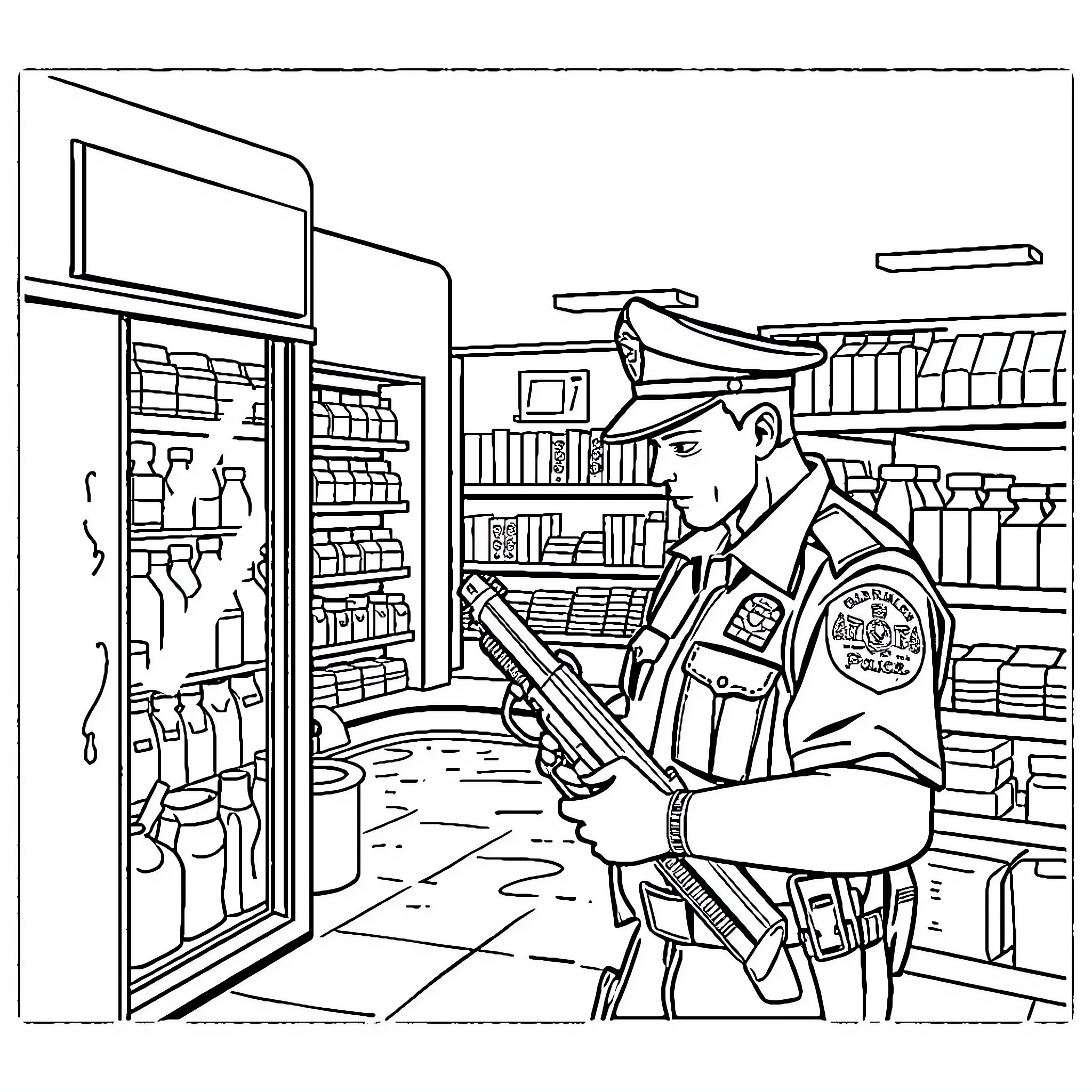Cop securing store during routine patrol Coloring Page (free black-and-white line drawing printable PDF for all, from beginners to advanced learners, including children, teens, adults, and seniors)
