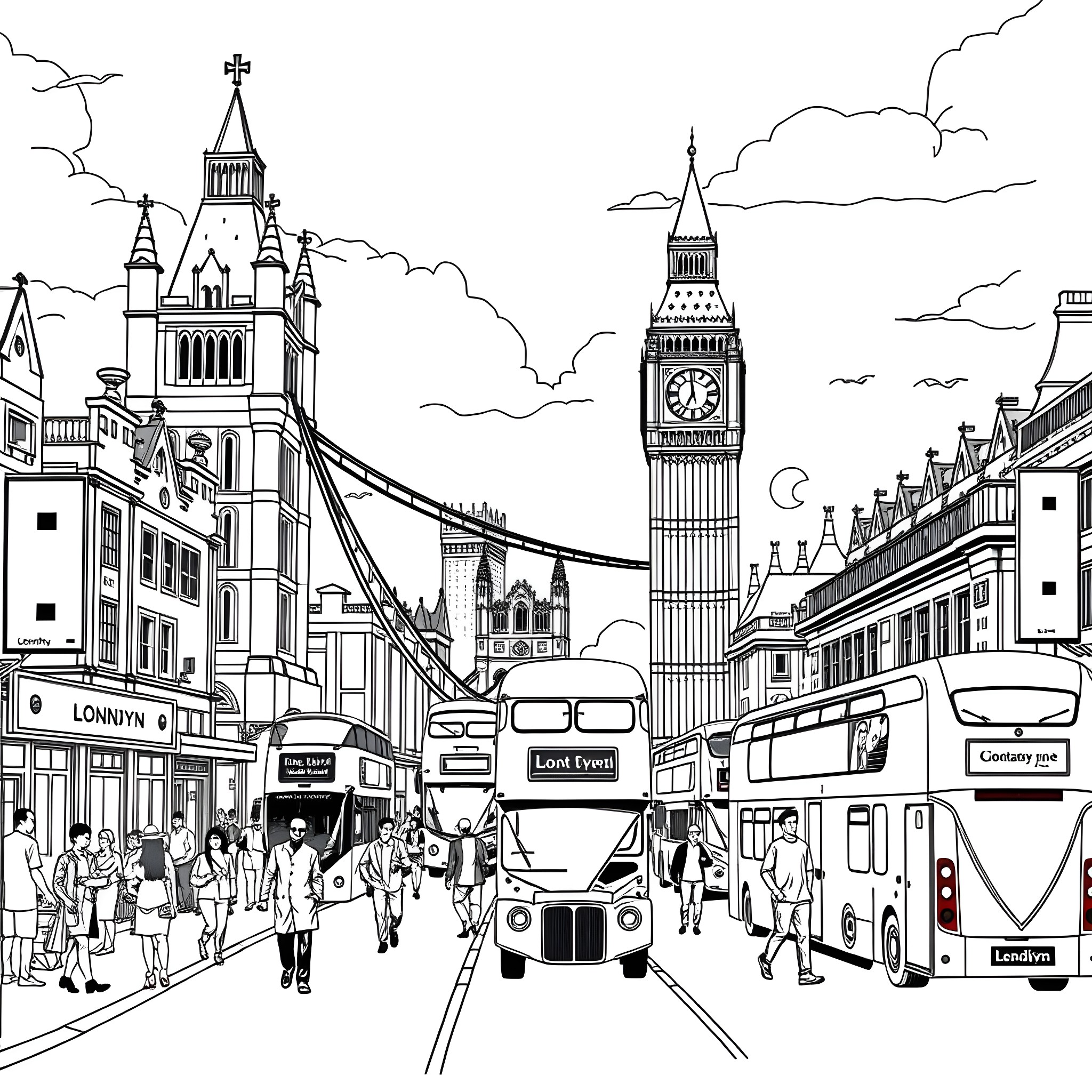 Londyn city life with iconic landmarks and public transport Coloring Page (free black-and-white line drawing printable PDF for all, from beginners to advanced learners, including children, teens, adults, and seniors)