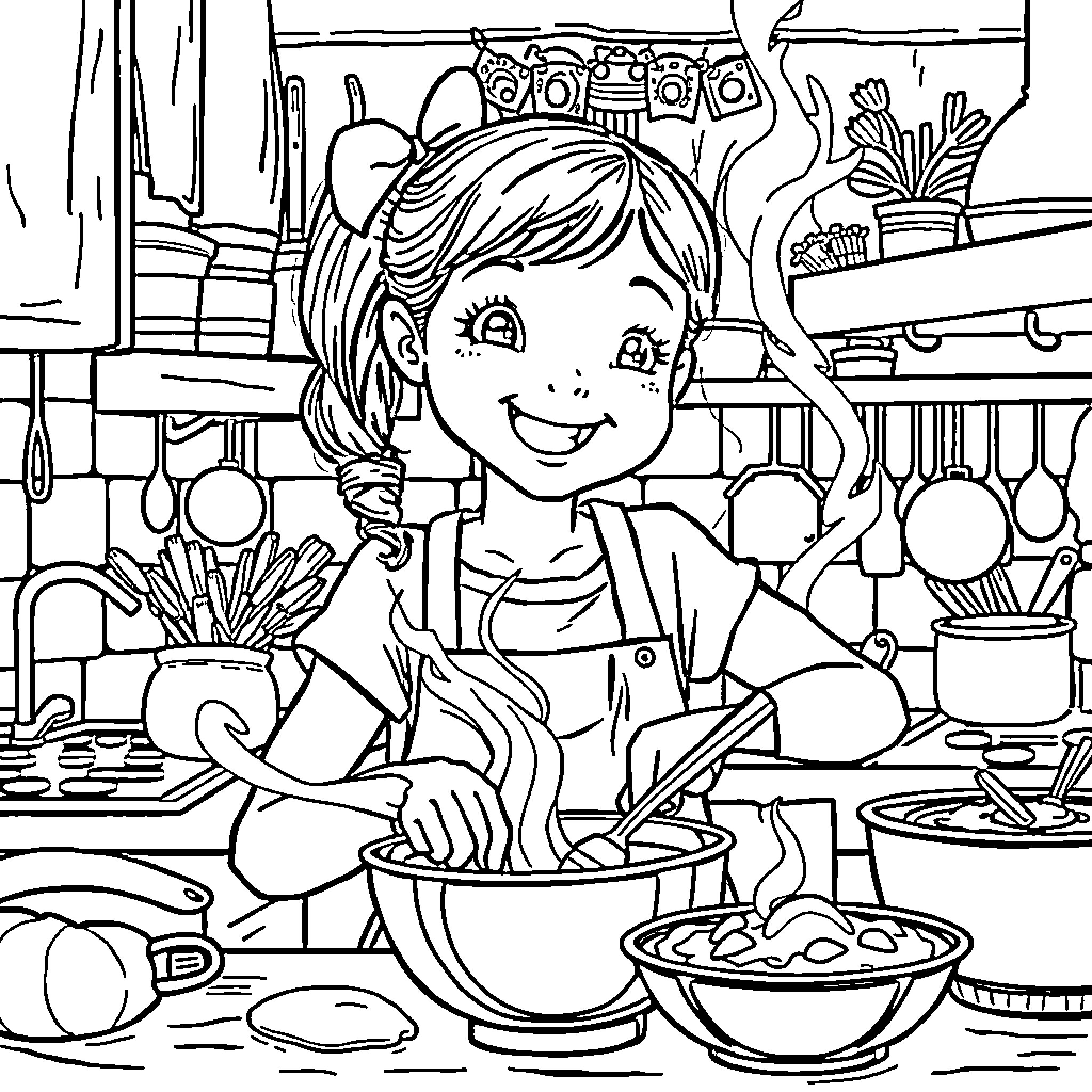Girl cooking in a kitchen with utensils and appliances Coloring Page (free black-and-white line drawing printable PDF for all, from beginners to advanced learners, including children, teens, adults, and seniors)