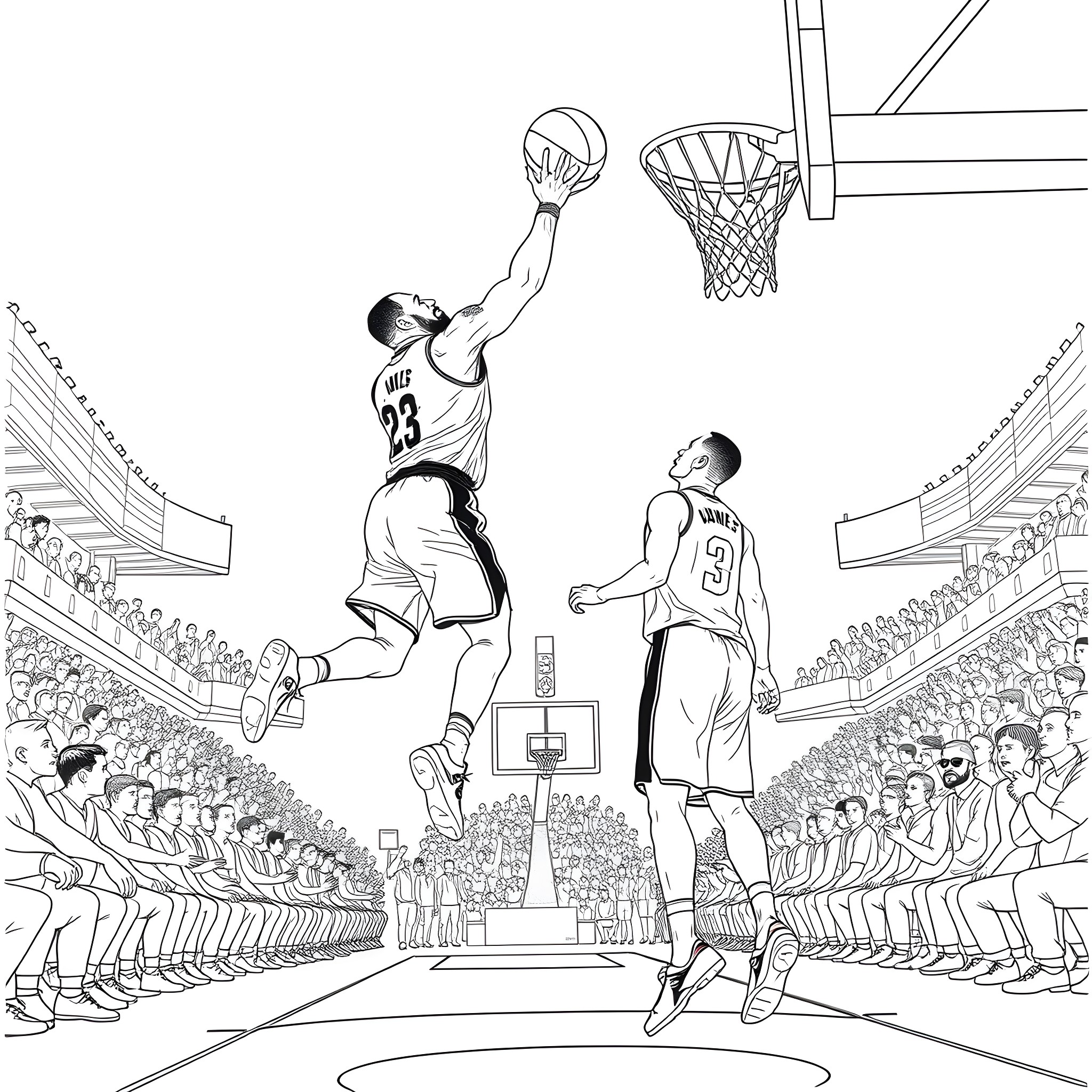 LeBron James Dunking Over Opponent in Basketball Game Coloring Page (free black-and-white line drawing printable PDF for all, from beginners to advanced learners, including children, teens, adults, and seniors)
