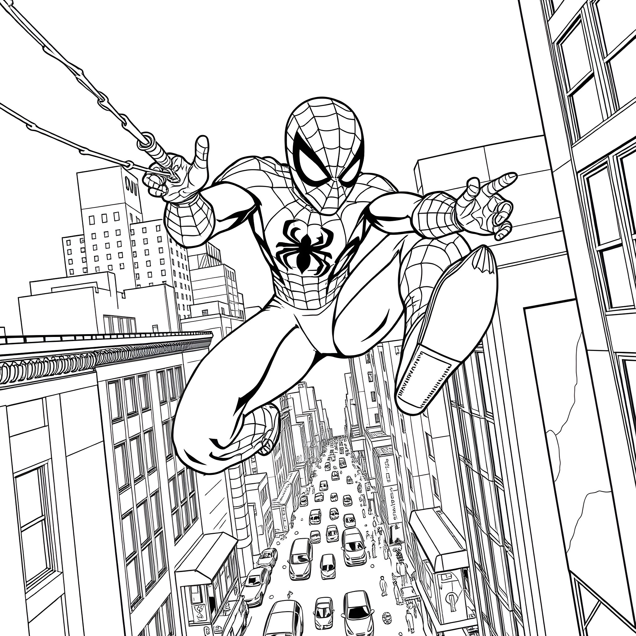 Spiderman swinging through the city skyline Coloring Page (free black-and-white line drawing printable PDF for all, from beginners to advanced learners, including children, teens, adults, and seniors)