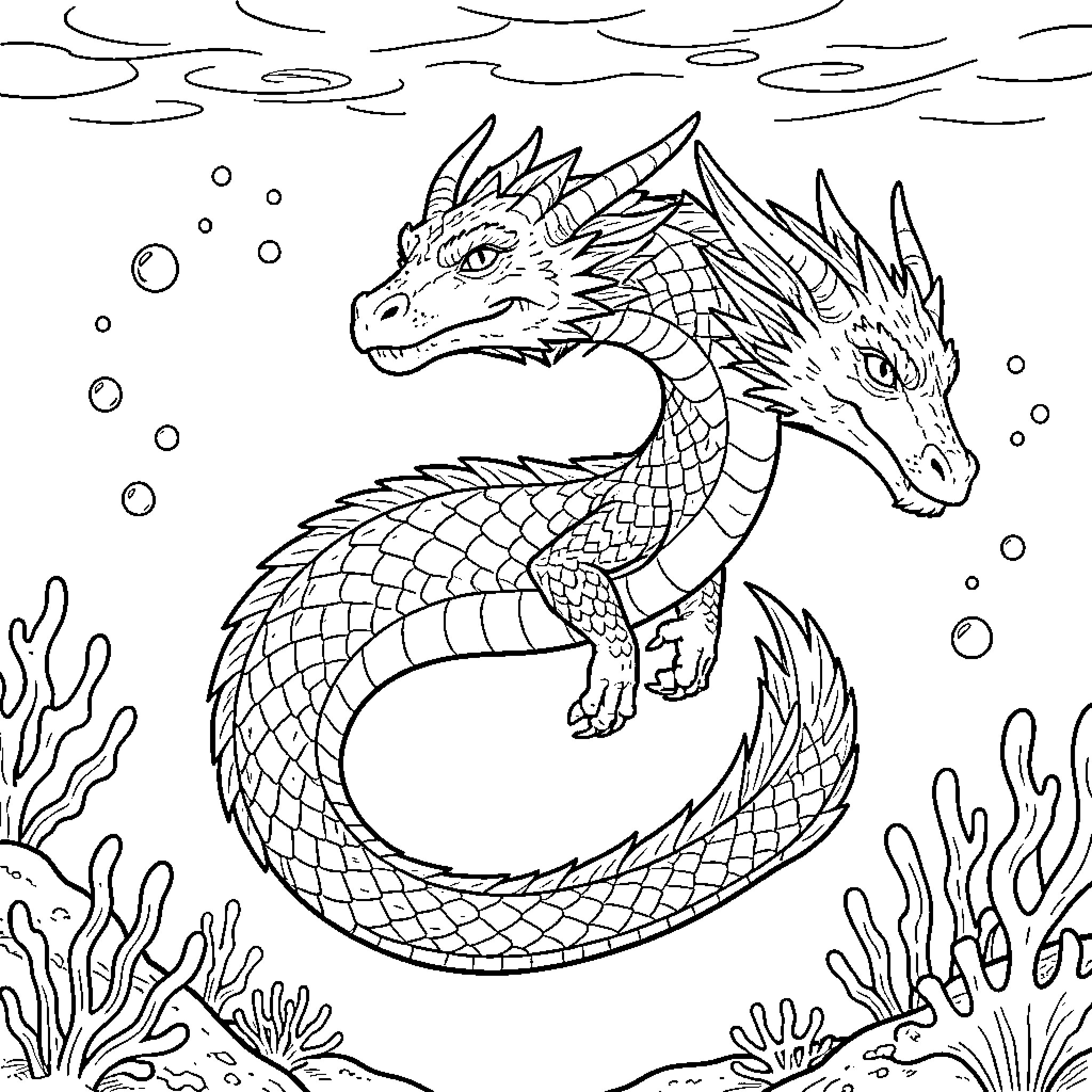 Dragon swimming gracefully through an underwater coral reef Coloring Page (free black-and-white line drawing printable PDF for all, from beginners to advanced learners, including children, teens, adults, and seniors)