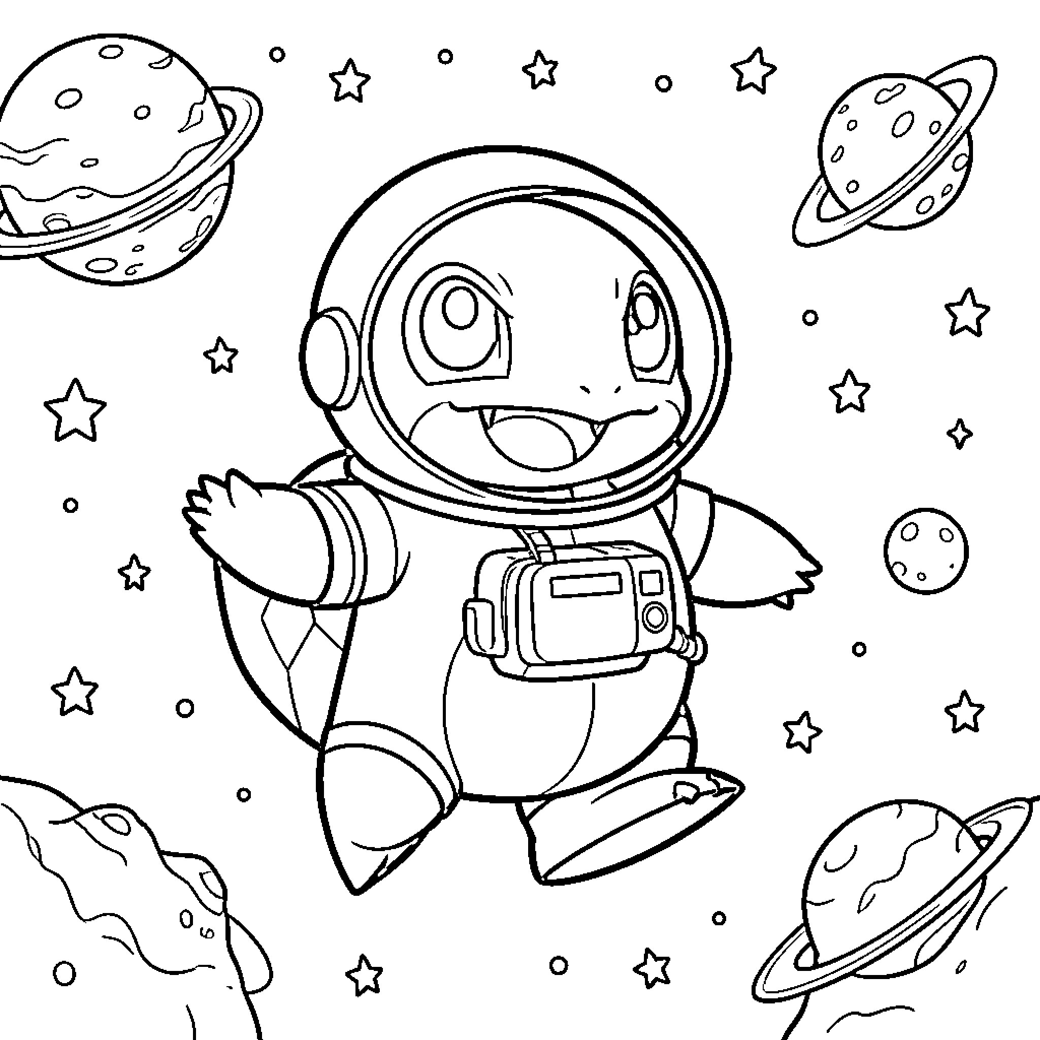 Squirtle floating joyfully in outer space wearing an astronaut suit Coloring Page (free black-and-white line drawing printable PDF for all, from beginners to advanced learners, including children, teens, adults, and seniors)