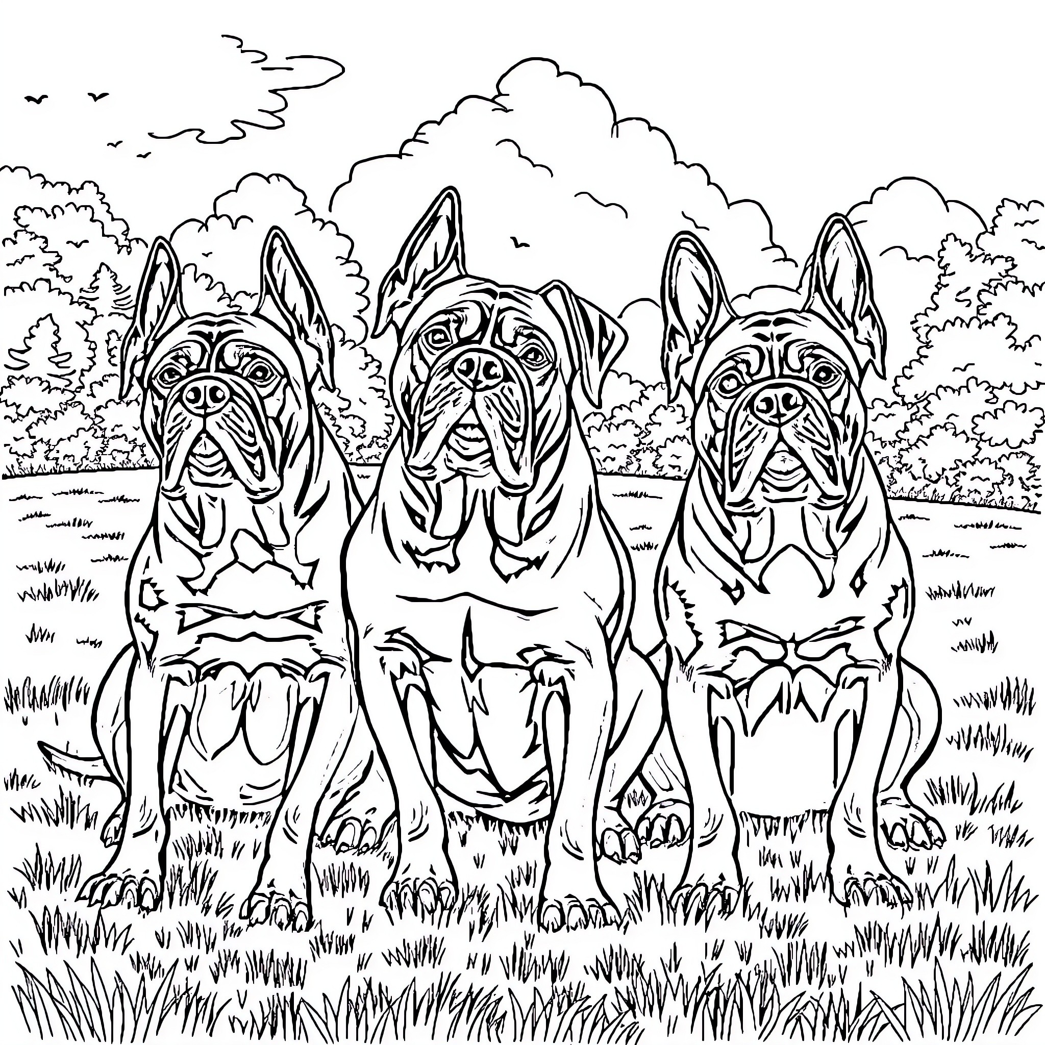 Mastiff dogs playing joyfully in the park Coloring Page (free black-and-white line drawing printable PDF for all, from beginners to advanced learners, including children, teens, adults, and seniors)