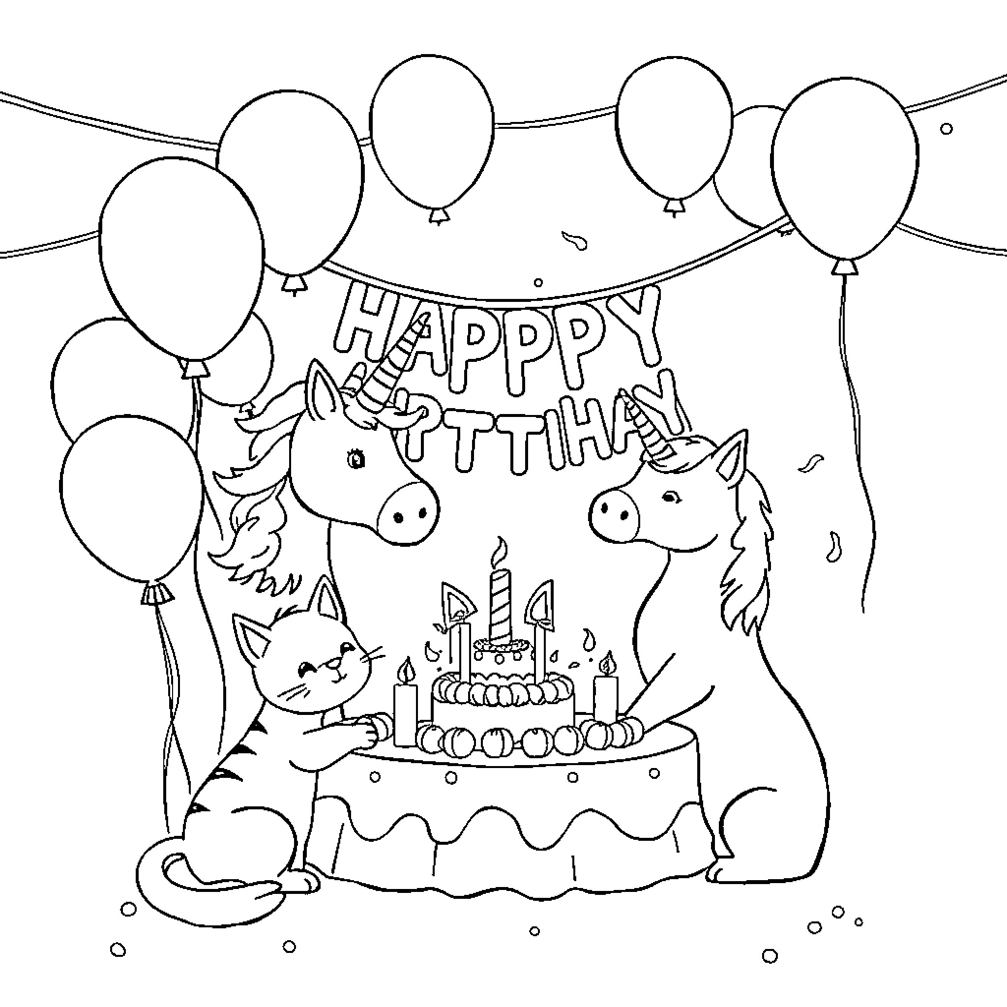 Unicorn celebrating a birthday with animal friends Coloring Page (free black-and-white line drawing printable PDF for all, from beginners to advanced learners, including children, teens, adults, and seniors)
