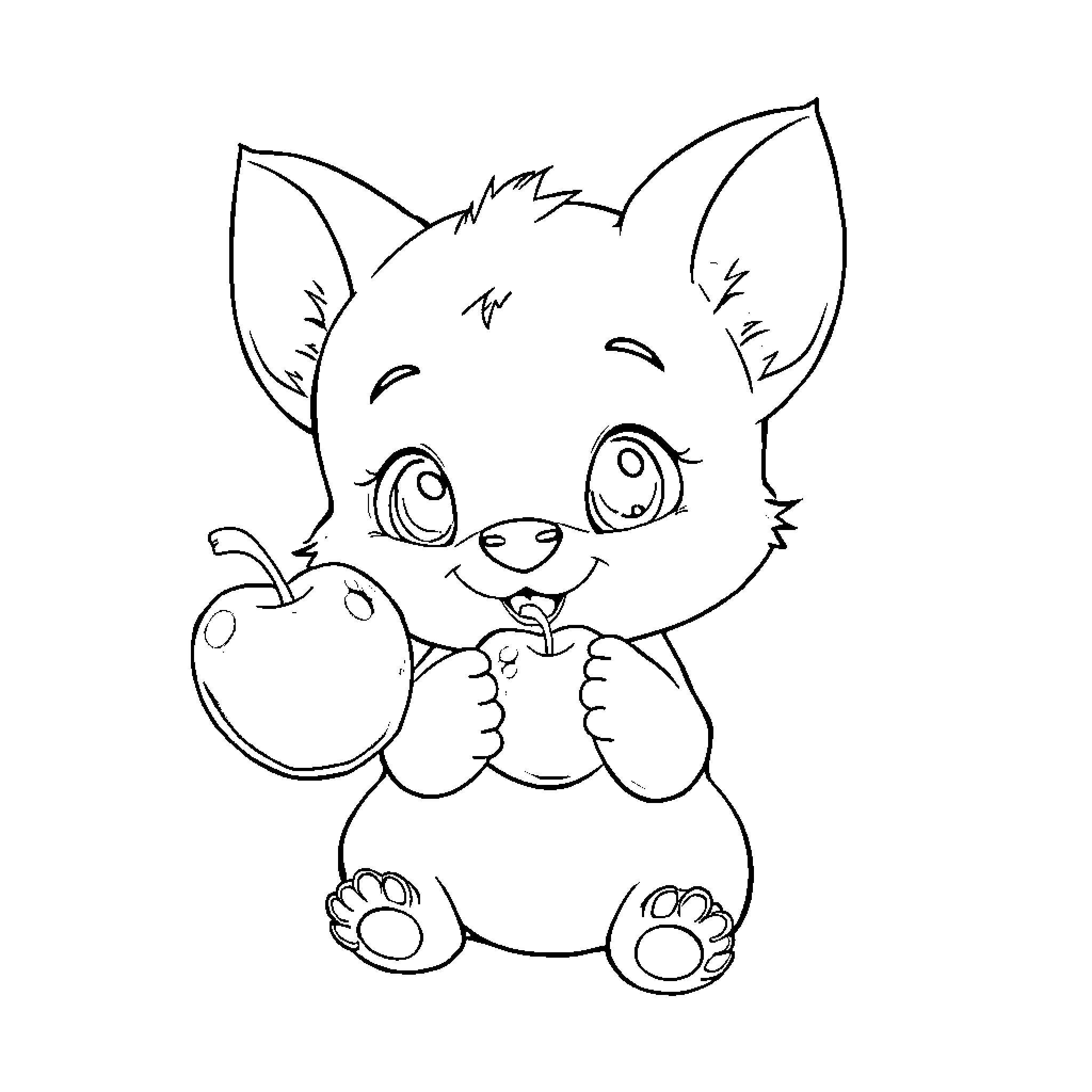 Bluey holding a red apple with a happy expression Coloring Page (free black-and-white line drawing printable PDF for all, from beginners to advanced learners, including children, teens, adults, and seniors)