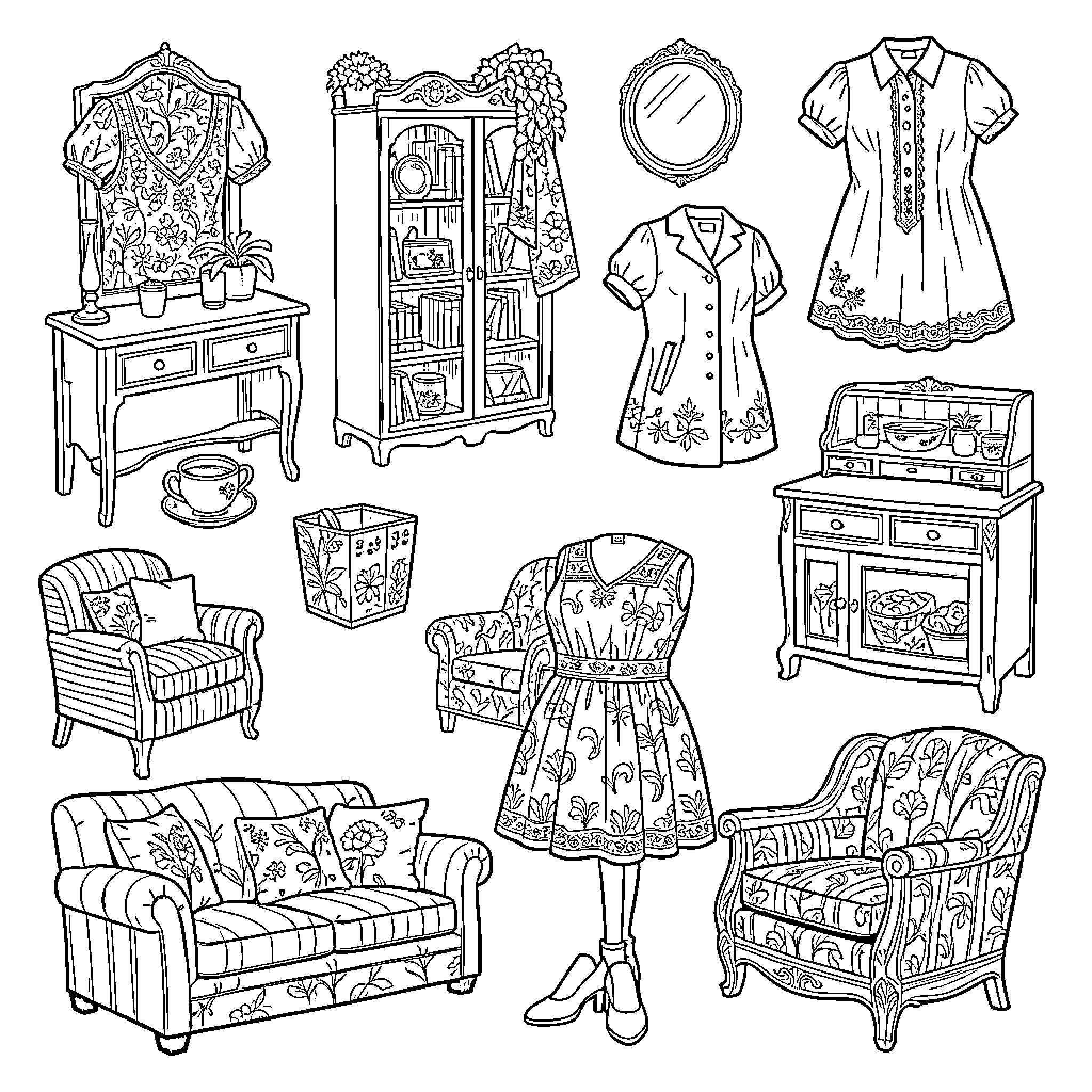 1940s vintage clothing and classic home furniture collection Coloring Page (free black-and-white line drawing printable PDF for all, from beginners to advanced learners, including children, teens, adults, and seniors)