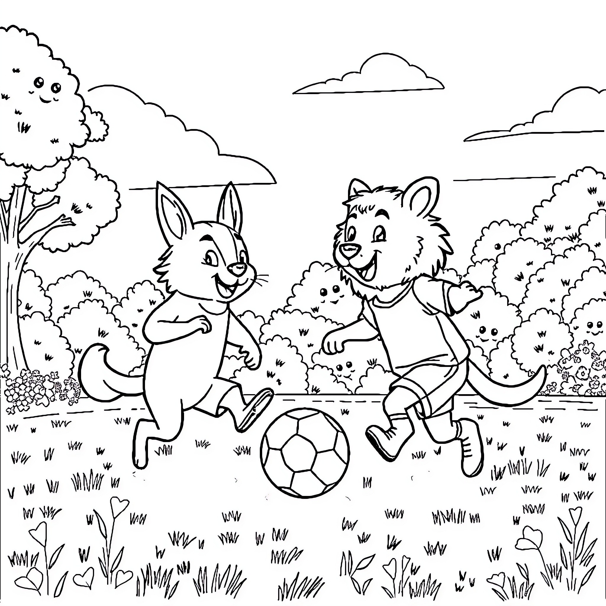 Animal friends playing soccer in the park Coloring Page (free black-and-white line drawing printable PDF for all, from beginners to advanced learners, including children, teens, adults, and seniors)