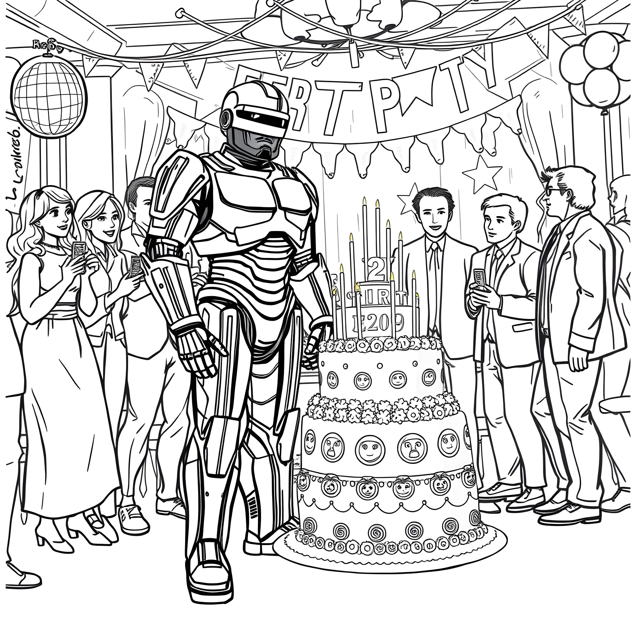Robocop Celebrates Festive Party with Humans Coloring Page (free black-and-white line drawing printable PDF for all, from beginners to advanced learners, including children, teens, adults, and seniors)