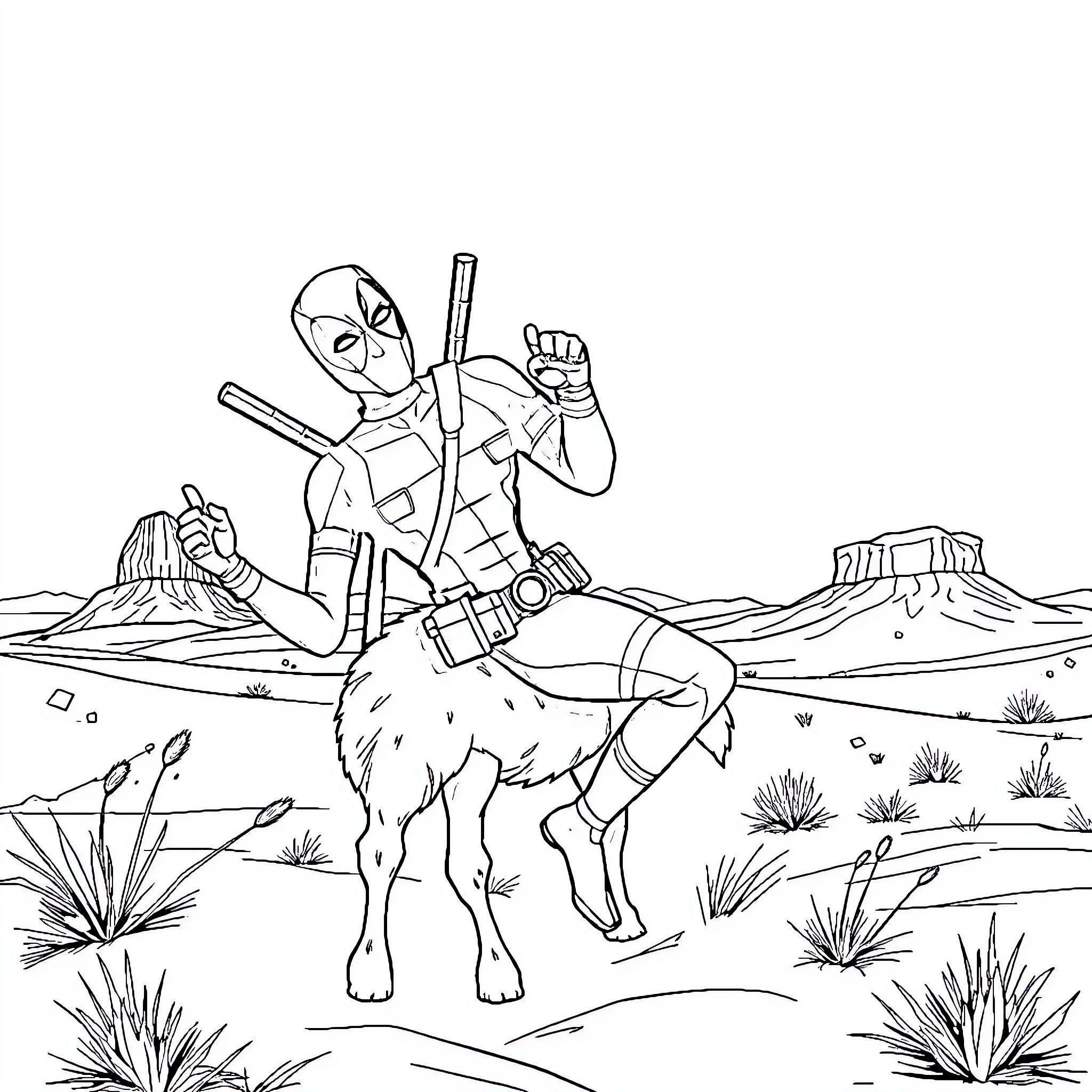 Deadpool Riding a Mustang in the Desert Coloring Page (free black-and-white line drawing printable PDF for all, from beginners to advanced learners, including children, teens, adults, and seniors)