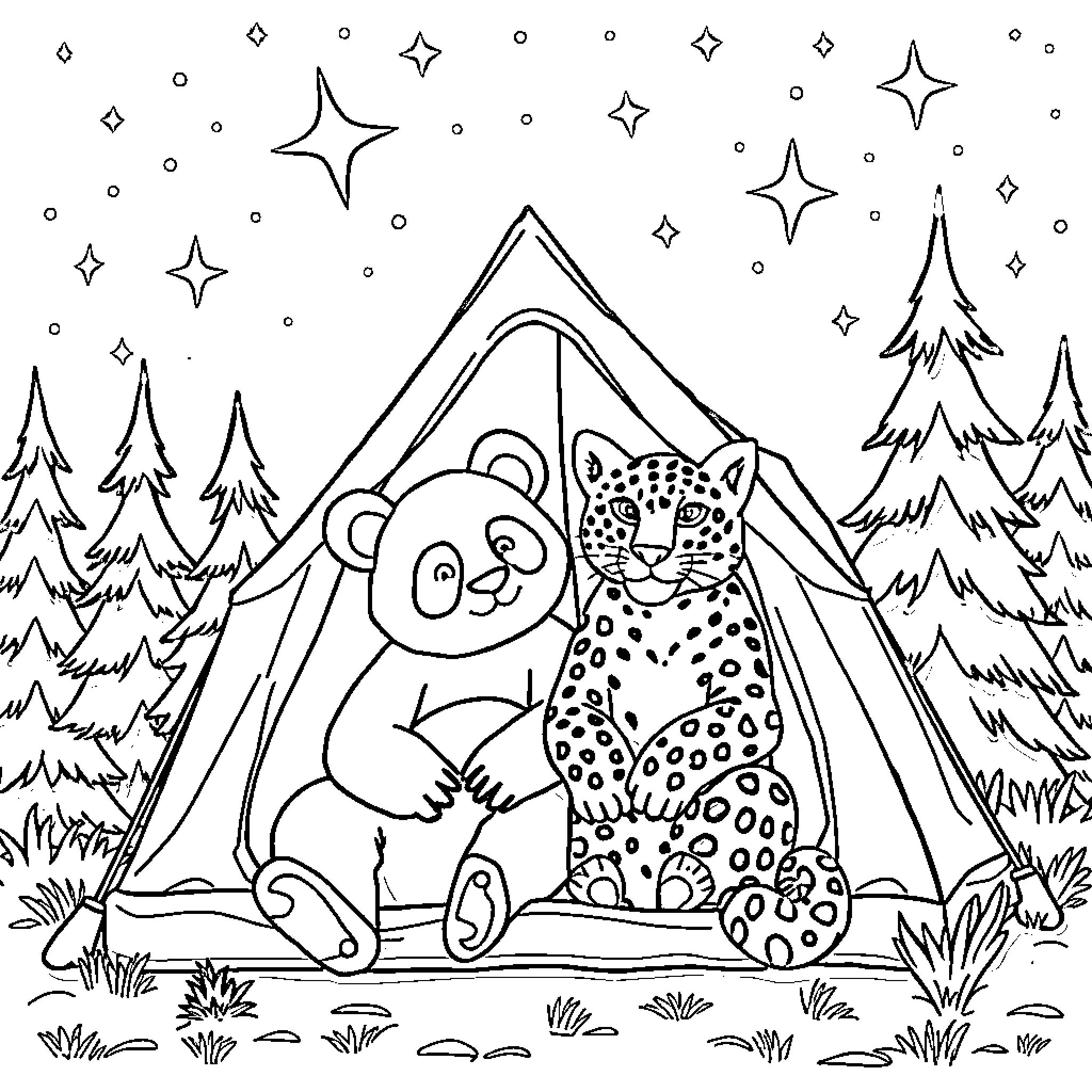 Panda and Leopard Camping in the Starry Night Forest Coloring Page (free black-and-white line drawing printable PDF for all, from beginners to advanced learners, including children, teens, adults, and seniors)
