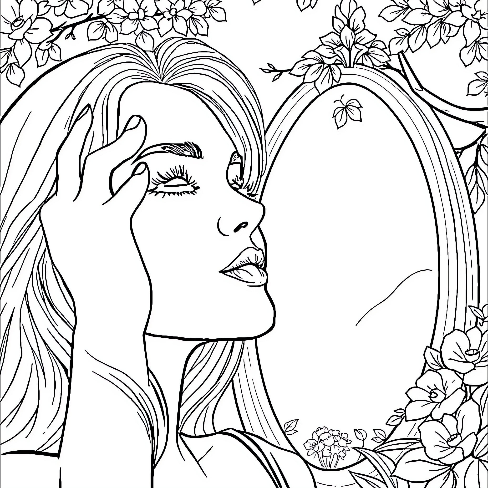 Woman with Flowers Framing Her Face Coloring Page (free black-and-white line drawing printable PDF for all, from beginners to advanced learners, including children, teens, adults, and seniors)