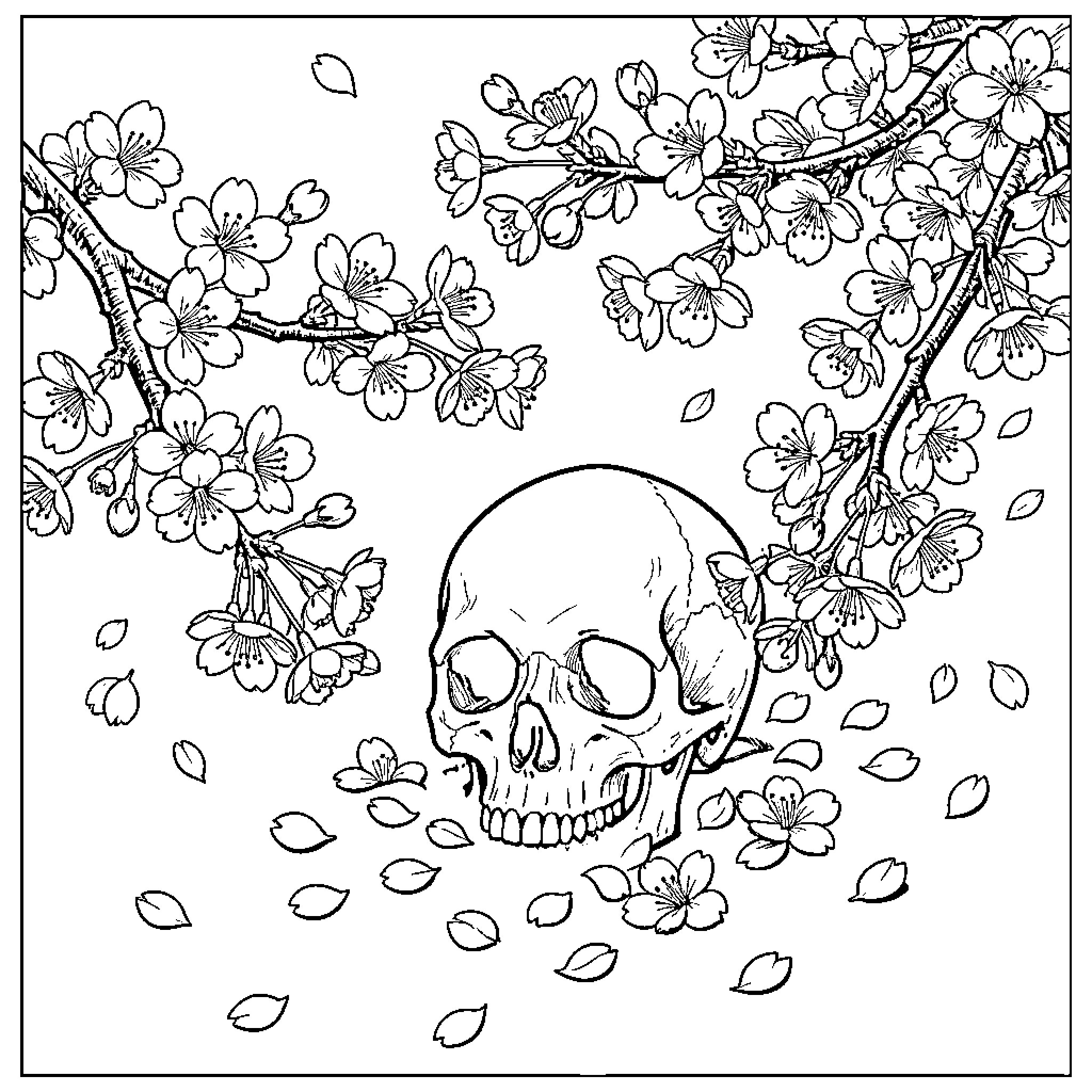 Cherry Blossom petals falling around a human skull Coloring Page (free black-and-white line drawing printable PDF for all, from beginners to advanced learners, including children, teens, adults, and seniors)