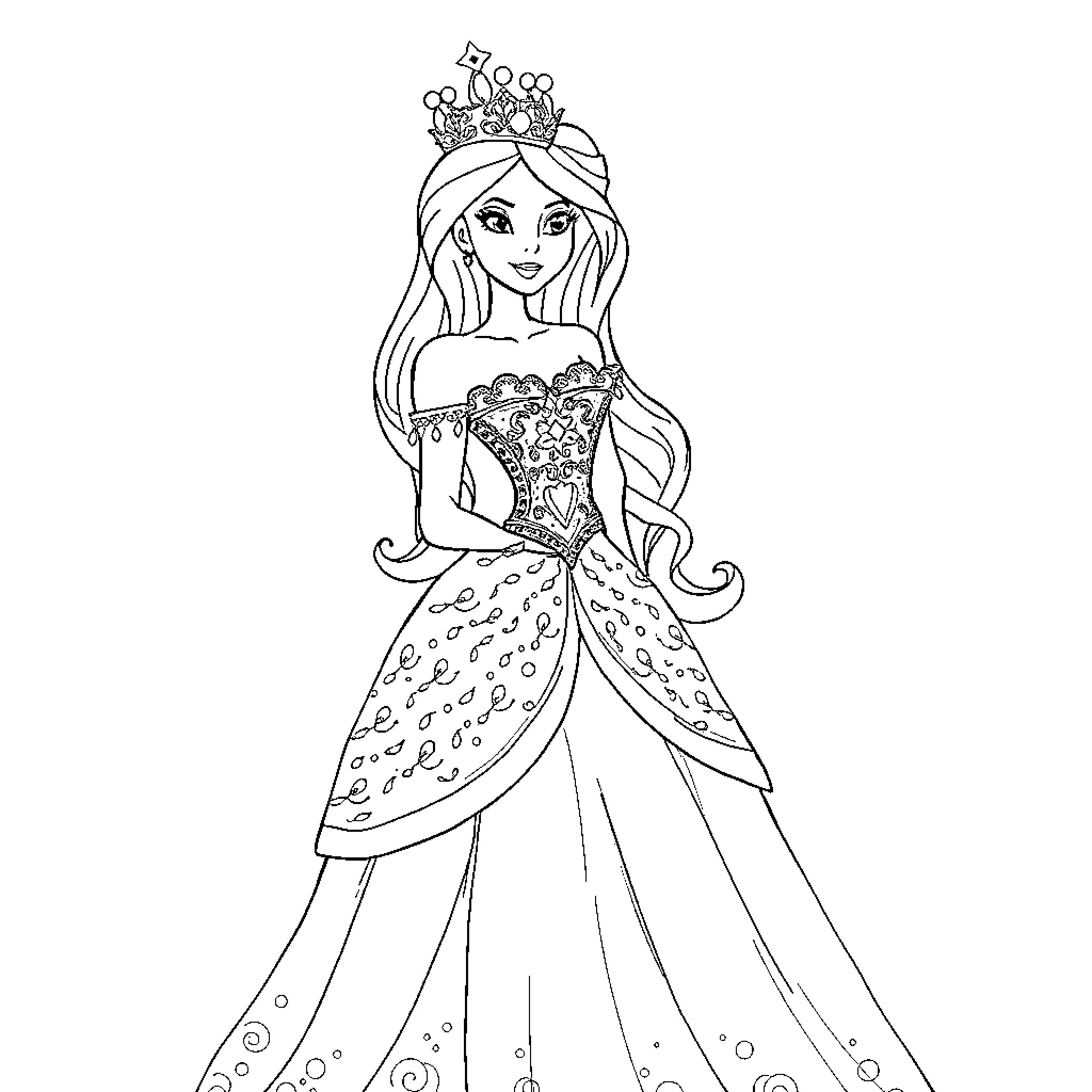 Princess in Elegant Floral Gown and Tiara Coloring Page (free black-and-white line drawing printable PDF for all, from beginners to advanced learners, including children, teens, adults, and seniors)
