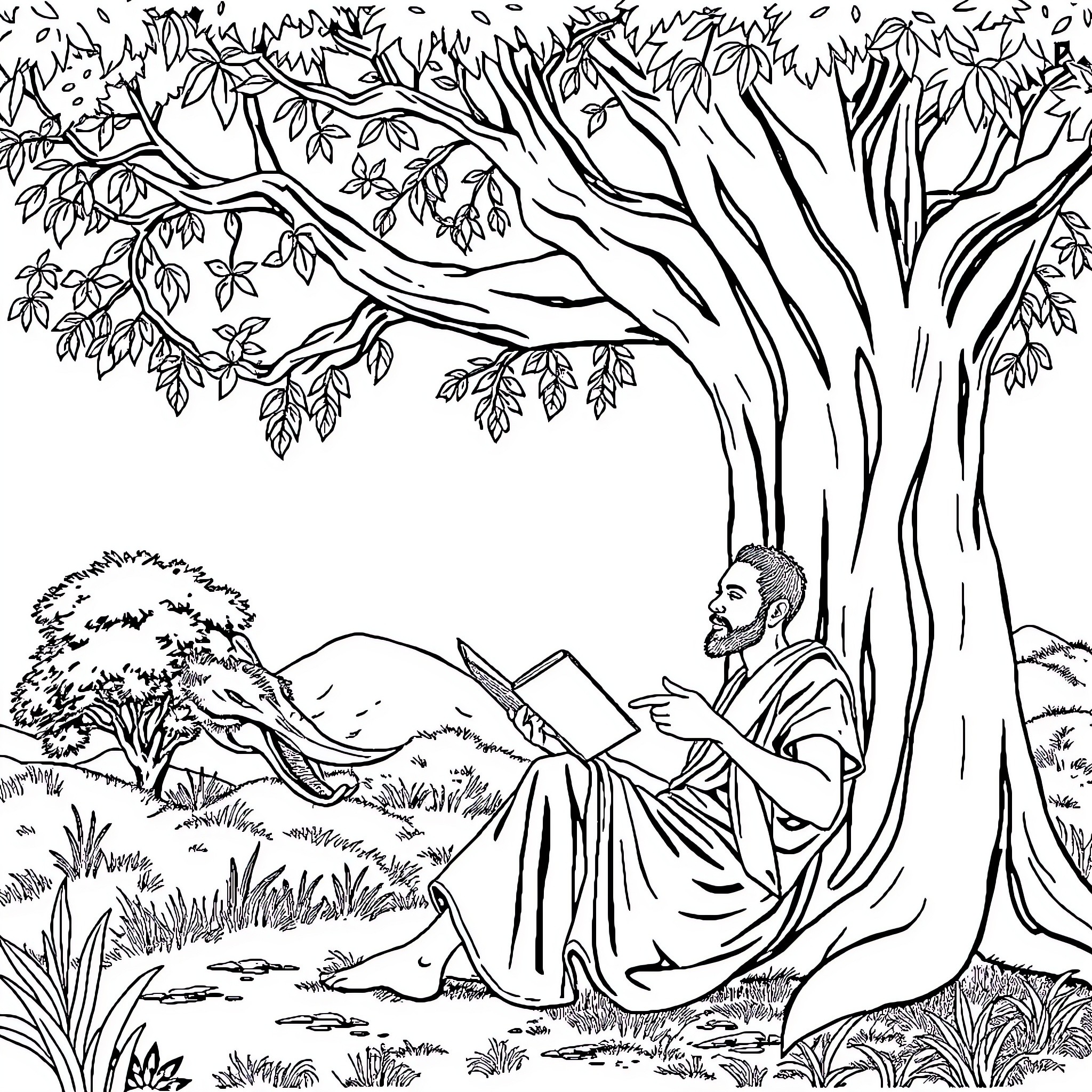 Storyteller reading under the shade of a tree Coloring Page (free black-and-white line drawing printable PDF for all, from beginners to advanced learners, including children, teens, adults, and seniors)