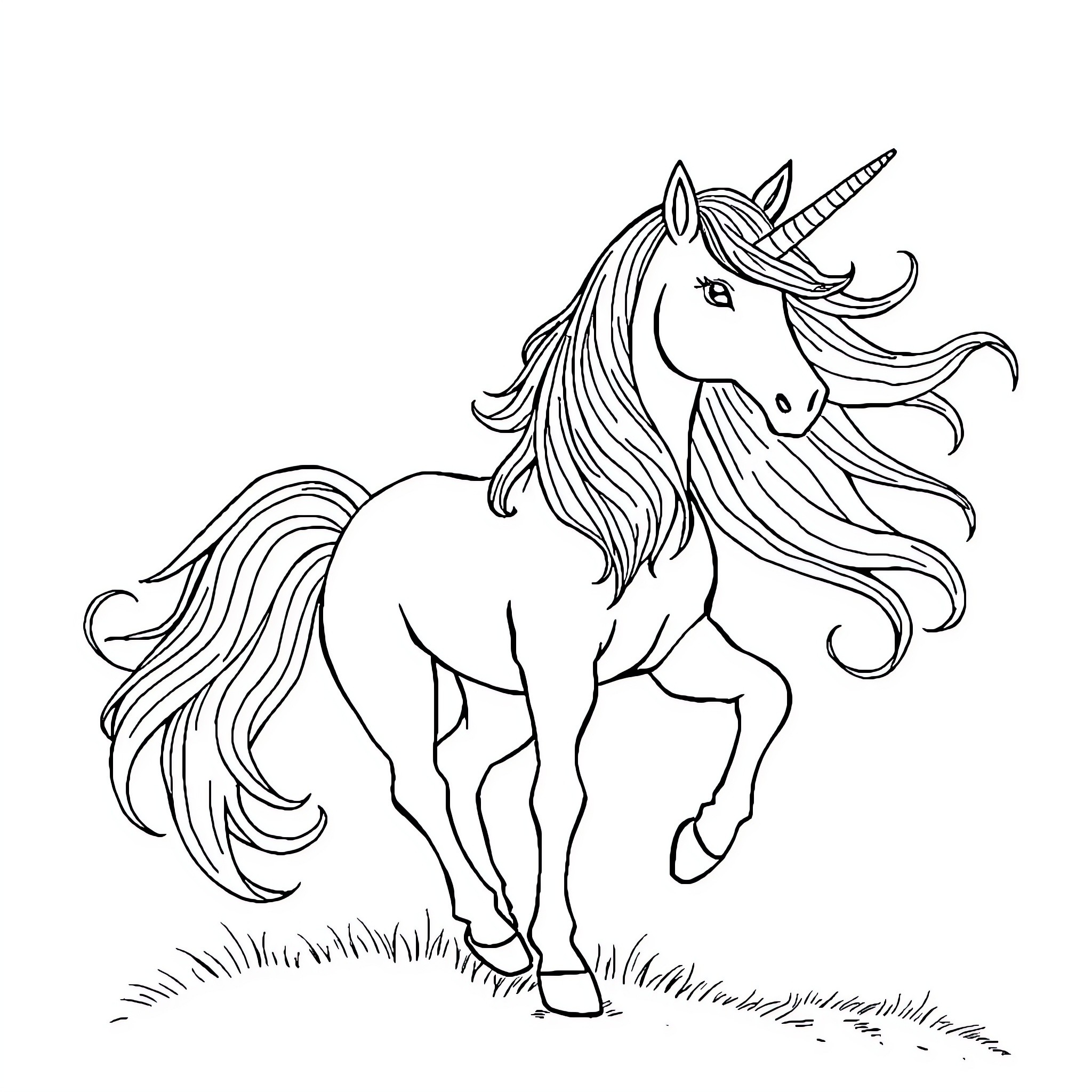 Unicorn frolicking freely in the meadow Coloring Page (free black-and-white line drawing printable PDF for all, from beginners to advanced learners, including children, teens, adults, and seniors)
