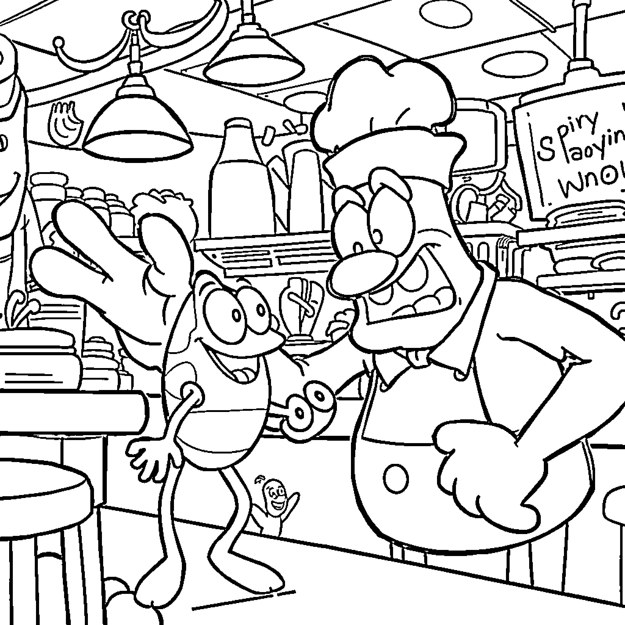 Plankton's chaotic kitchen adventure Coloring Page (free black-and-white line drawing printable PDF for all, from beginners to advanced learners, including children, teens, adults, and seniors)