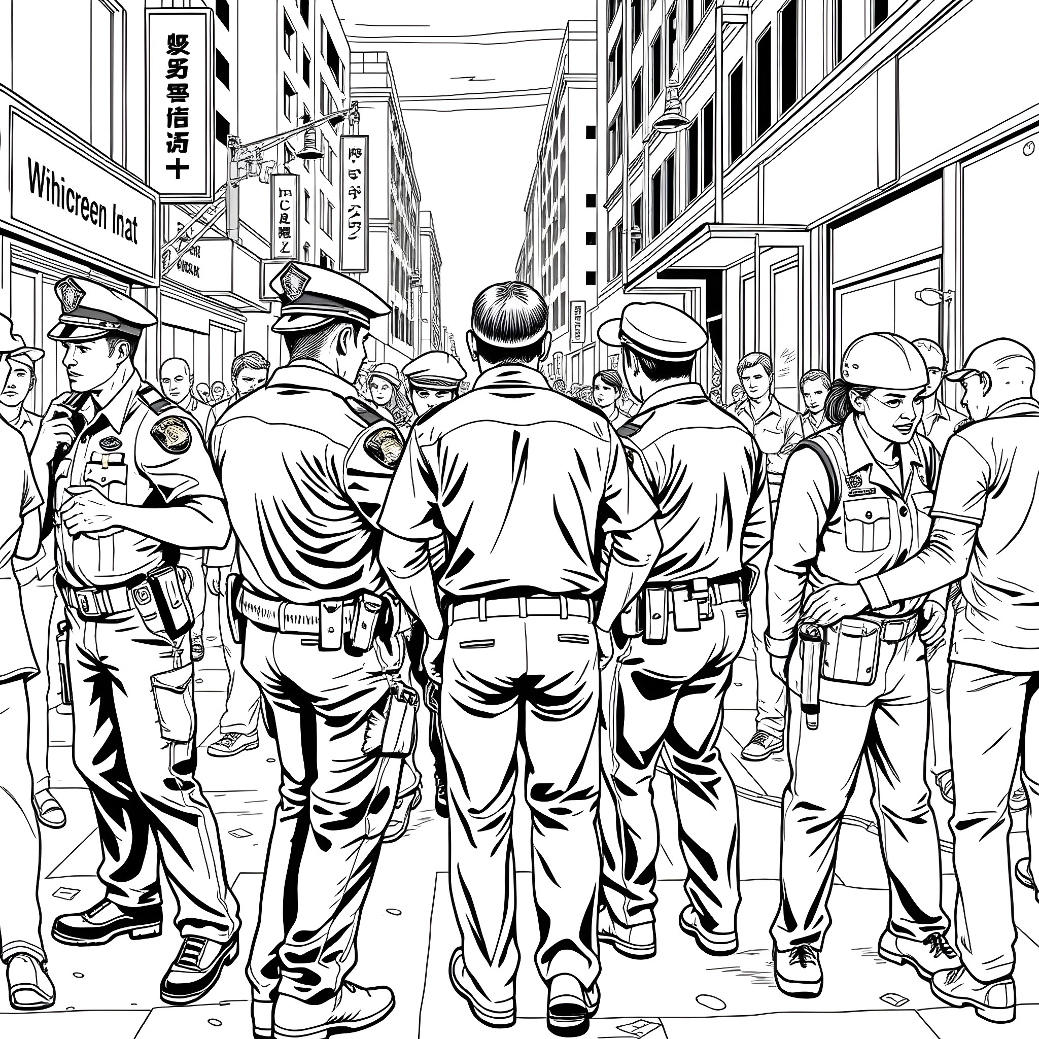 Police Officers Monitoring Crowd in Urban Area Coloring Page (free black-and-white line drawing printable PDF for all, from beginners to advanced learners, including children, teens, adults, and seniors)