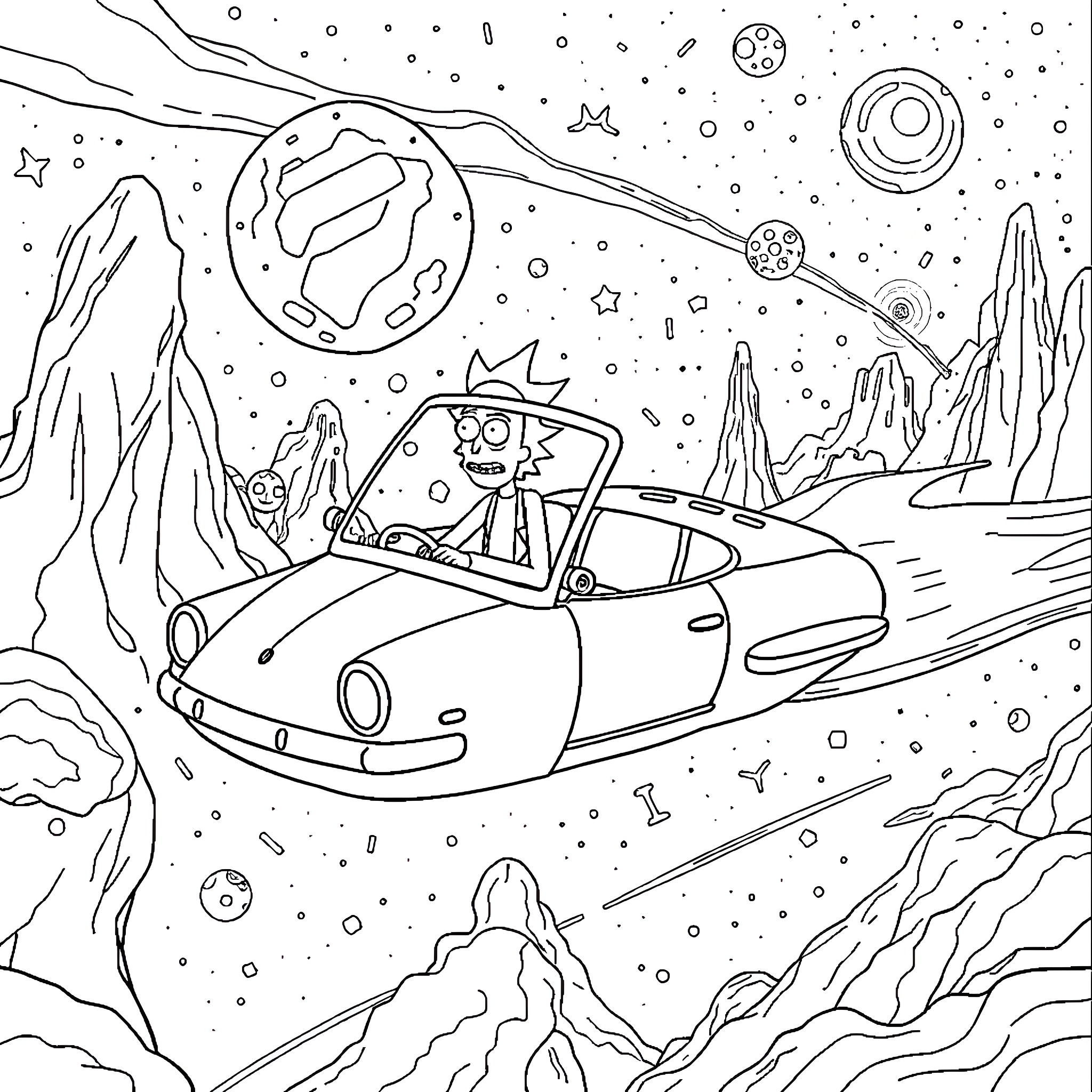 Rick And Morty exploring intergalactic space adventure Coloring Page (free black-and-white line drawing printable PDF for all, from beginners to advanced learners, including children, teens, adults, and seniors)