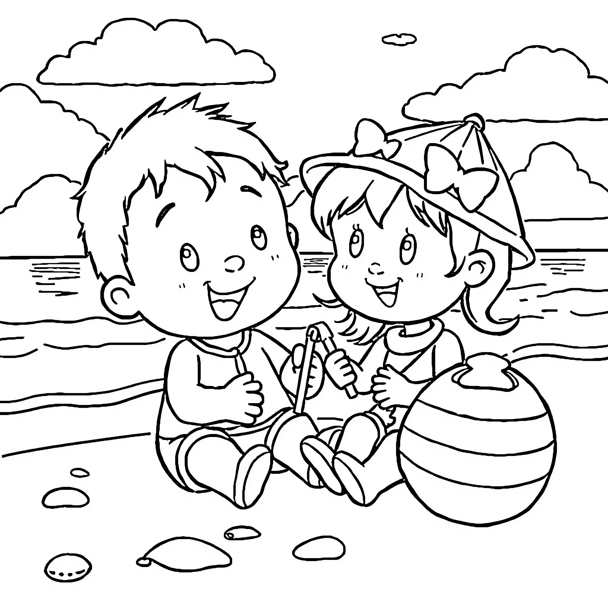 Pocoyo and friend play on the beach Coloring Page (free black-and-white line drawing printable PDF for all, from beginners to advanced learners, including children, teens, adults, and seniors)