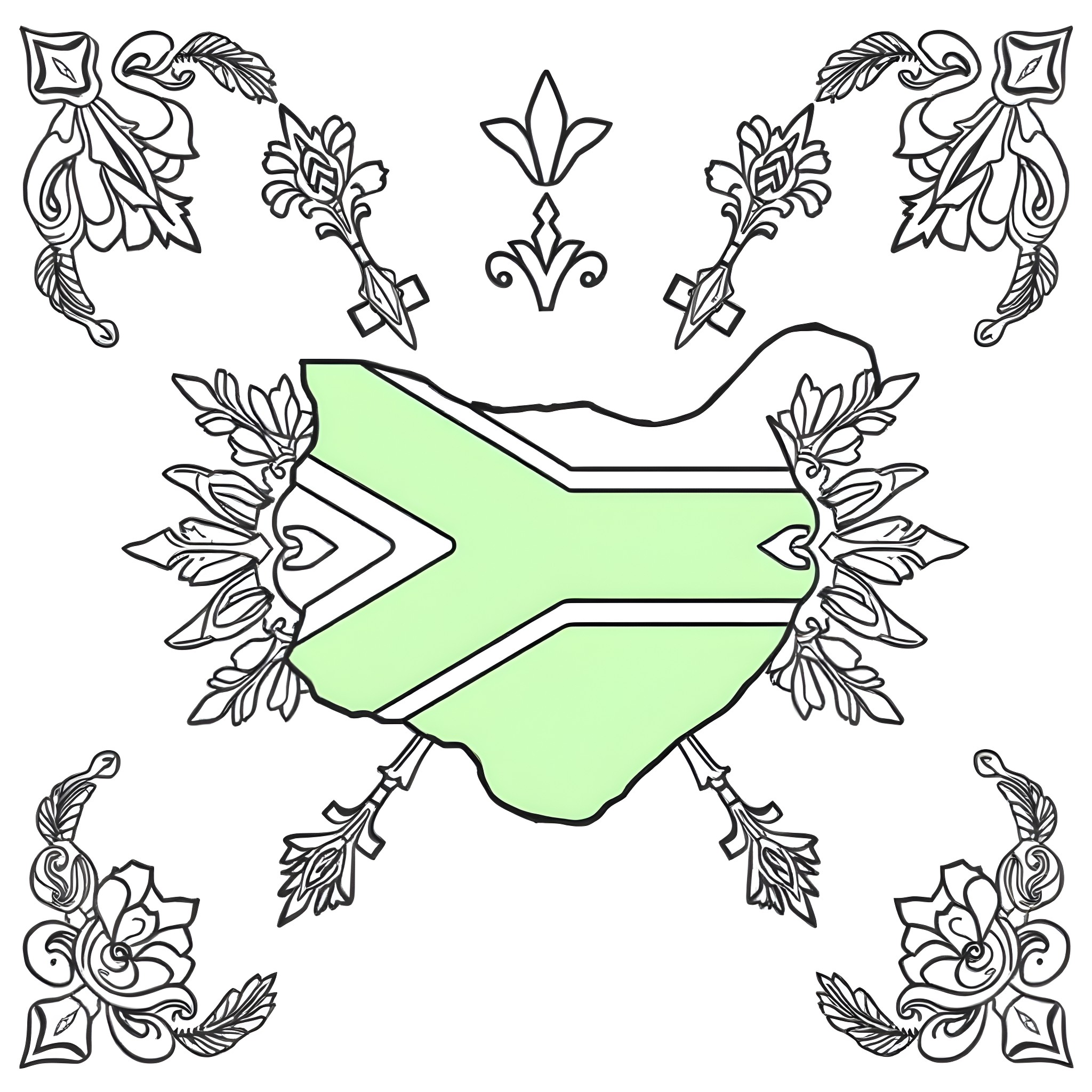 Flag with Floral Ornaments Coloring Page (free black-and-white line drawing printable PDF for all, from beginners to advanced learners, including children, teens, adults, and seniors)