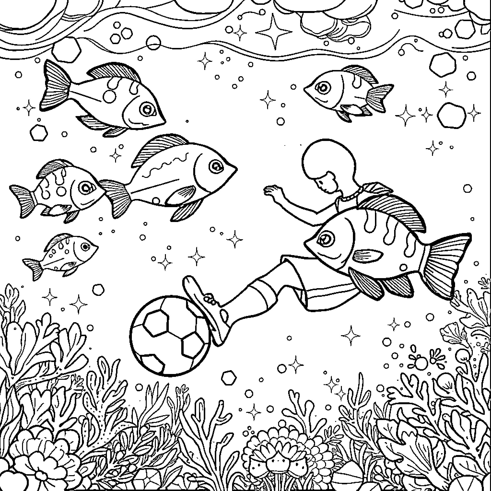 Fish playing in the underwater world Coloring Page (free black-and-white line drawing printable PDF for all, from beginners to advanced learners, including children, teens, adults, and seniors)