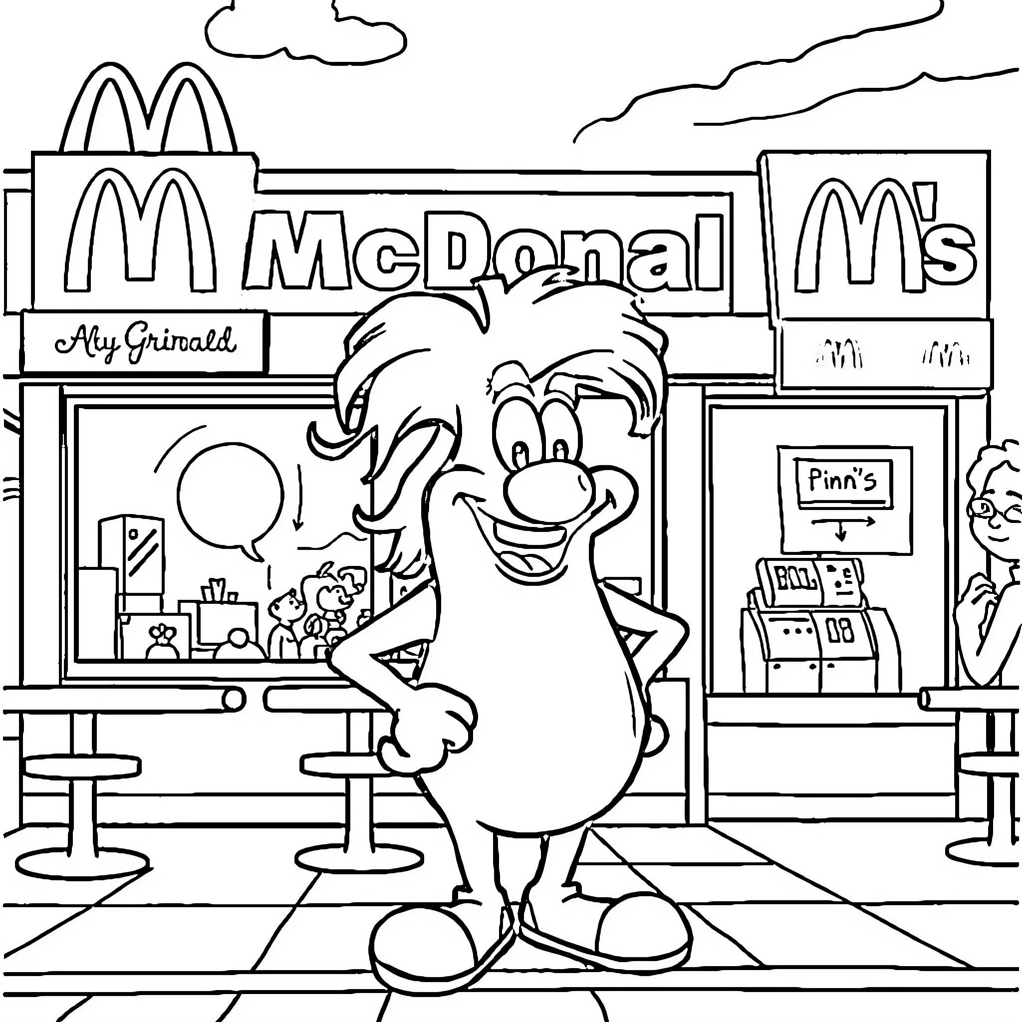 Grimace greets customers at the McDonald's restaurant Coloring Page (free black-and-white line drawing printable PDF for all, from beginners to advanced learners, including children, teens, adults, and seniors)
