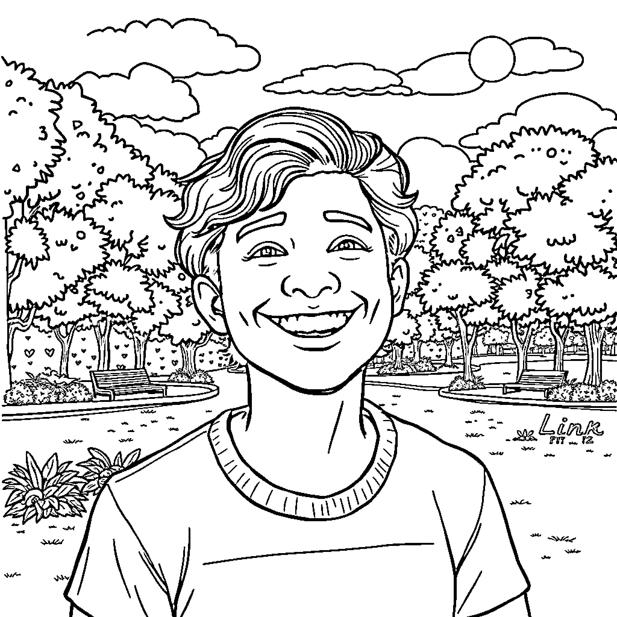 Mark Linn Banaag smiling happily in a peaceful park Coloring Page (free black-and-white line drawing printable PDF for all, from beginners to advanced learners, including children, teens, adults, and seniors)