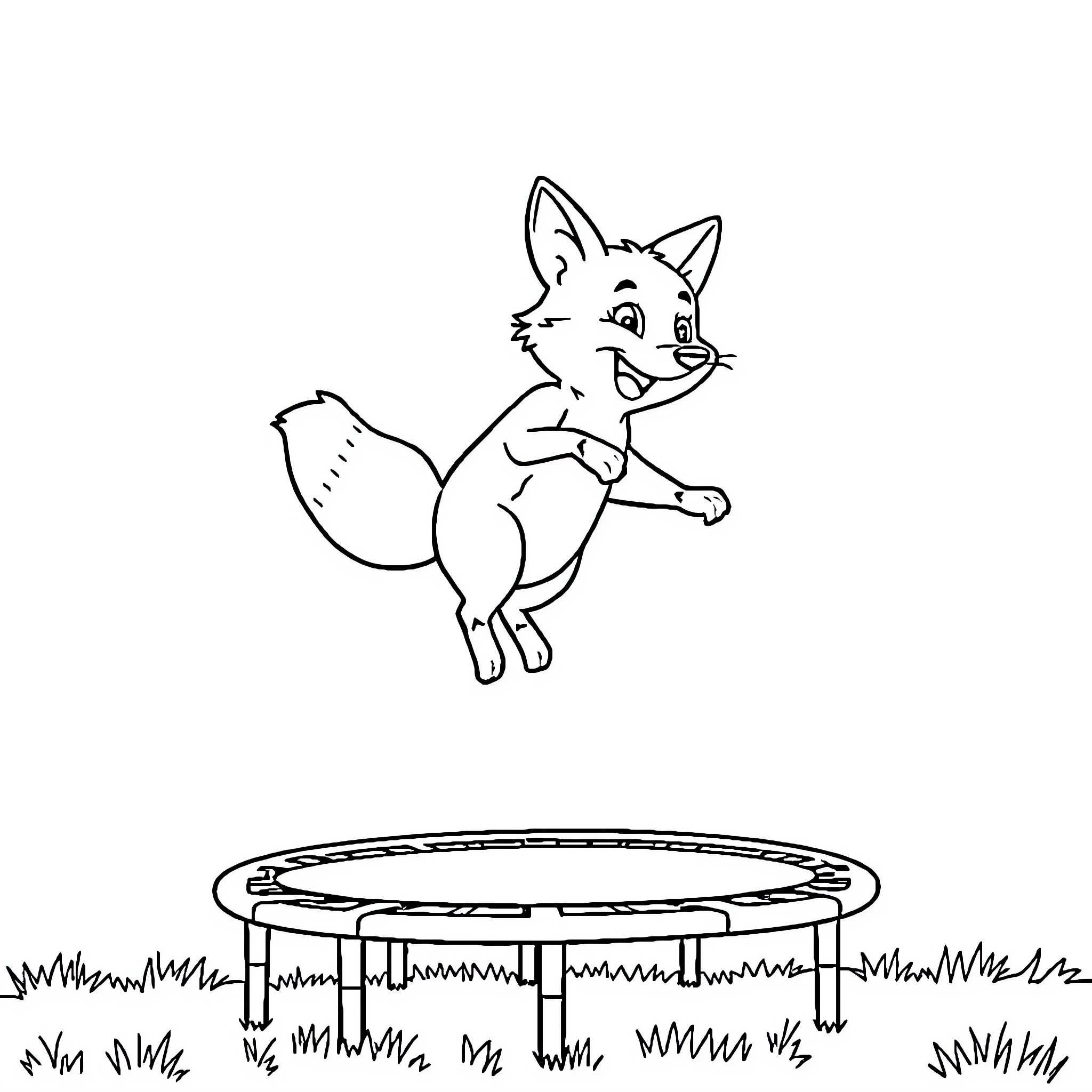 Fox happily jumping on a trampoline Coloring Page (free black-and-white line drawing printable PDF for all, from beginners to advanced learners, including children, teens, adults, and seniors)