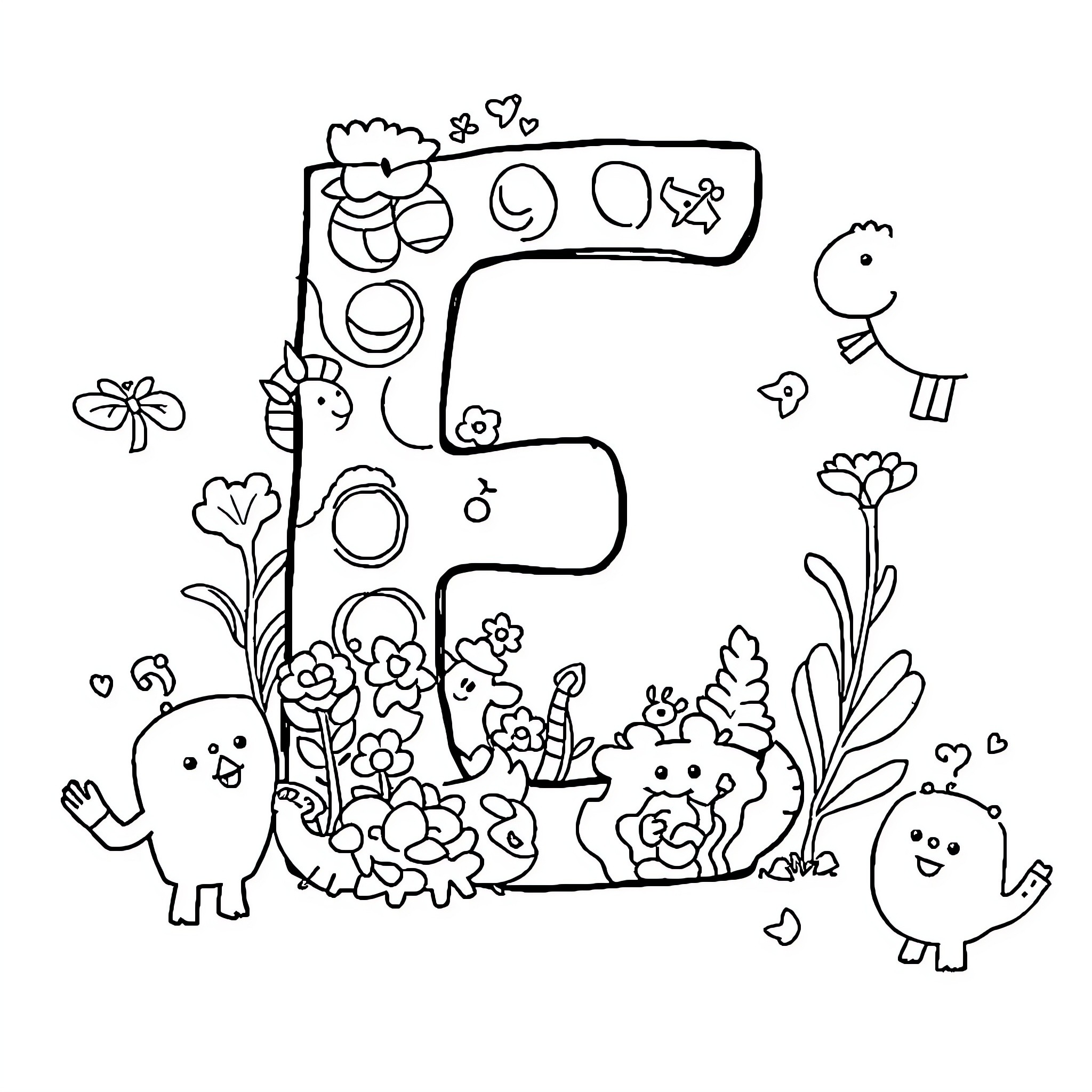 Estelle's Whimsical Adventure Among Playful Creatures Coloring Page (free black-and-white line drawing printable PDF for all, from beginners to advanced learners, including children, teens, adults, and seniors)